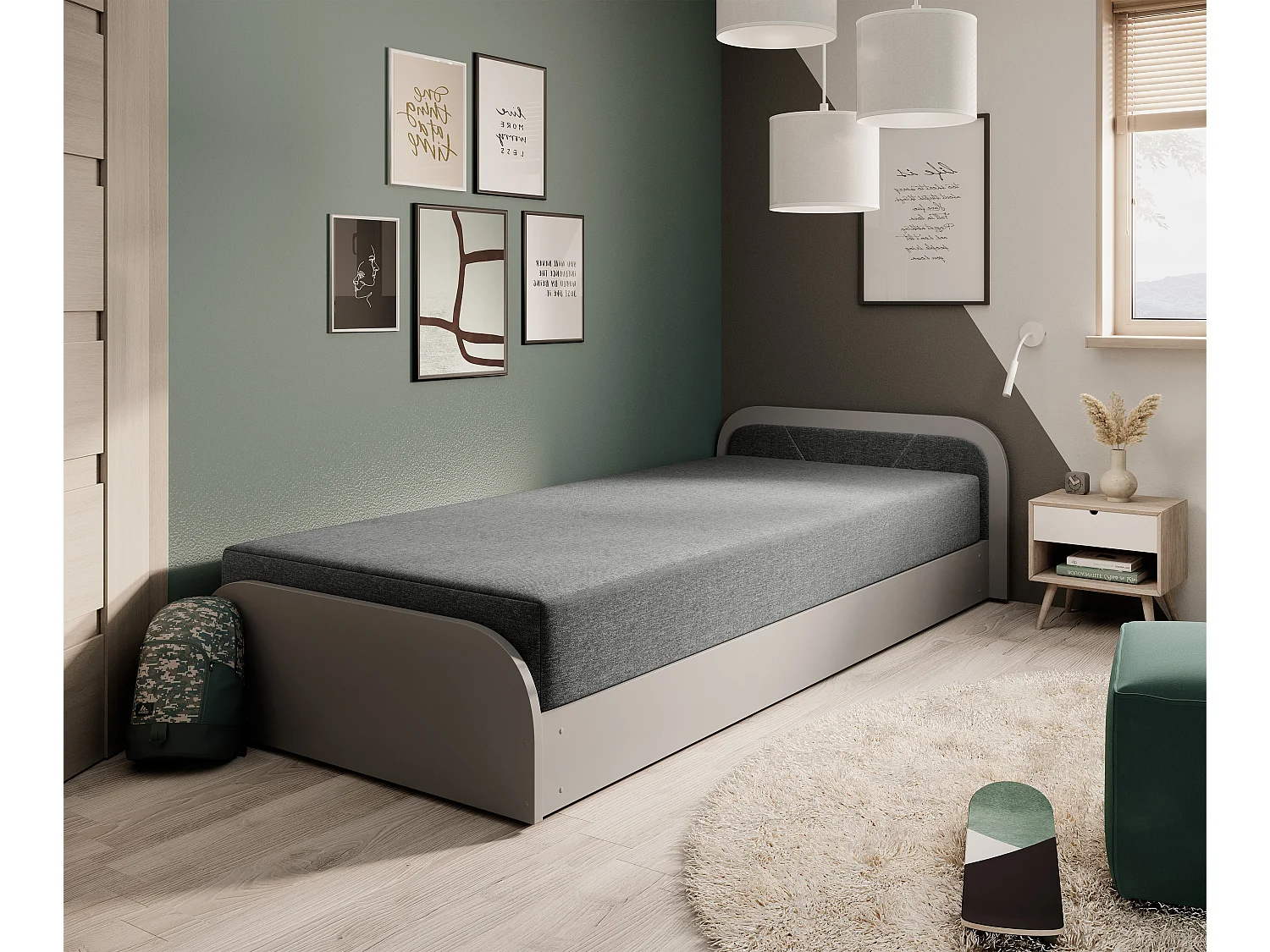 Lit 1 place avec coffre de rangement Parko – Confort et Praticité-Gris/Gris chiné-Modéle Coté gauche