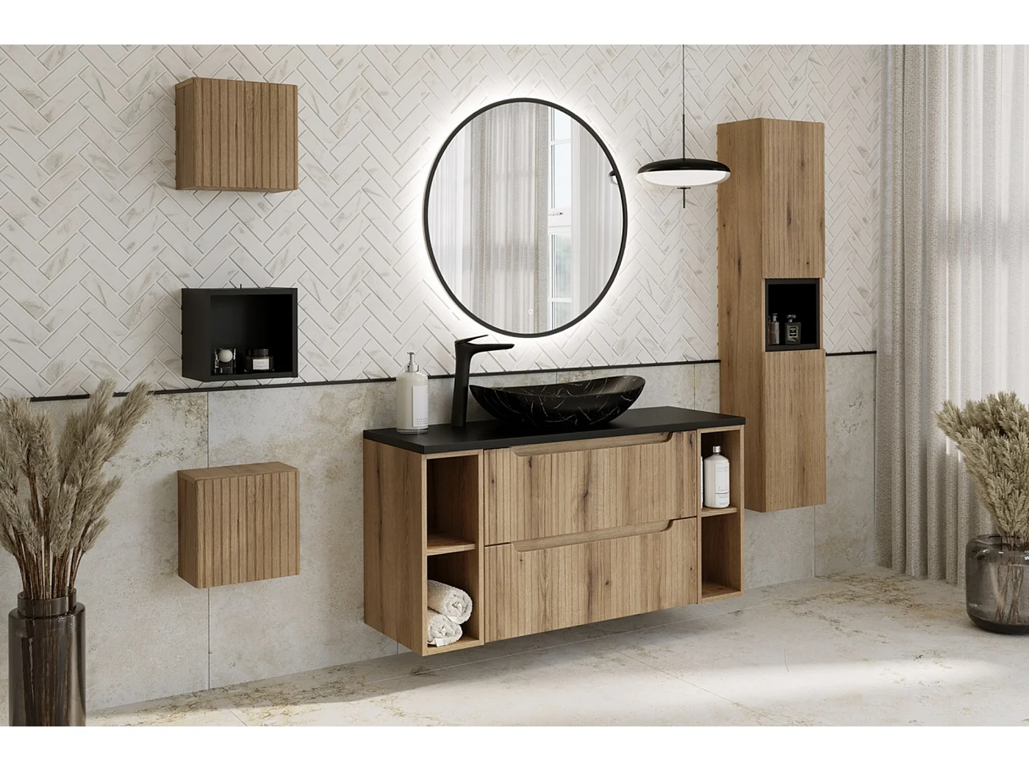 Meuble panier à linge suspendu NOVA – Meuble salle de bain moderne avec bac intégré-Naturel
