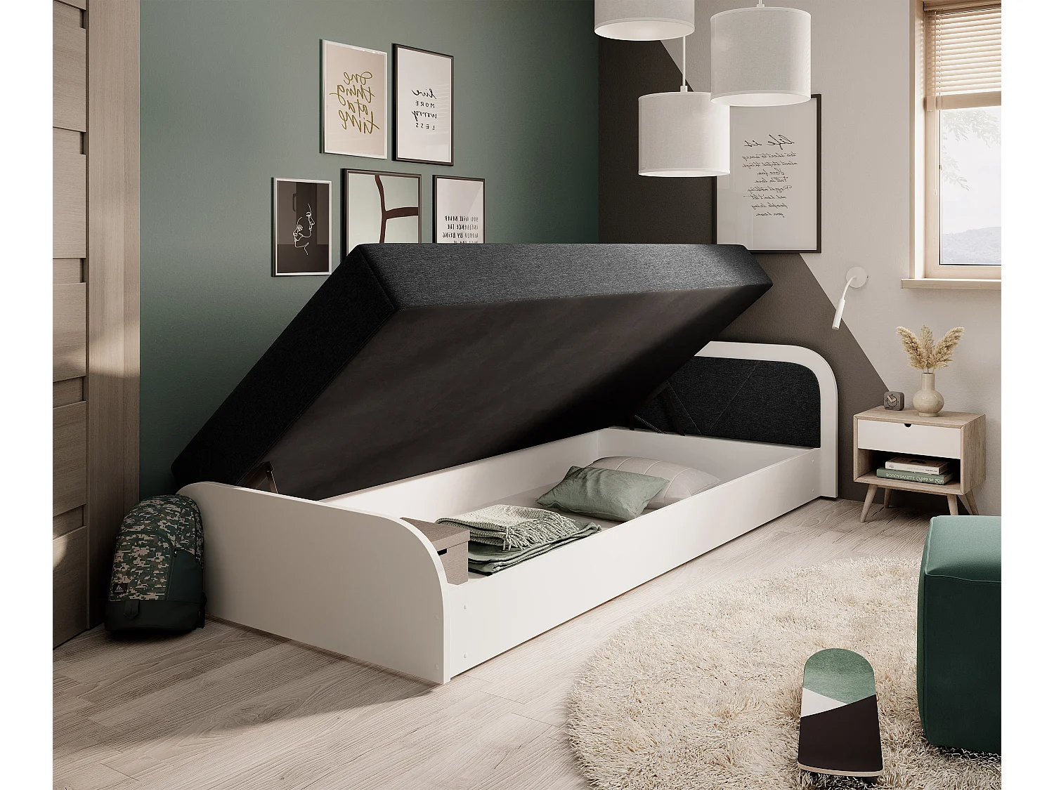 Lit 1 place avec coffre de rangement Parko – Confort et Praticité-Blanc/Noir-Modéle Coté gauche