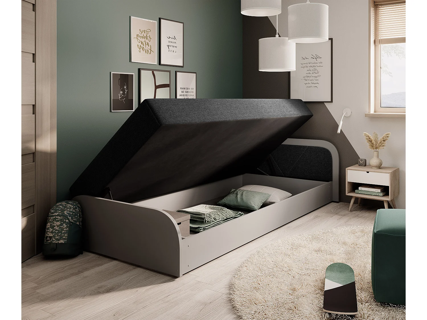 Lit 1 place avec coffre de rangement Parko – Confort et Praticité-Gris/Noir-Modéle Coté gauche