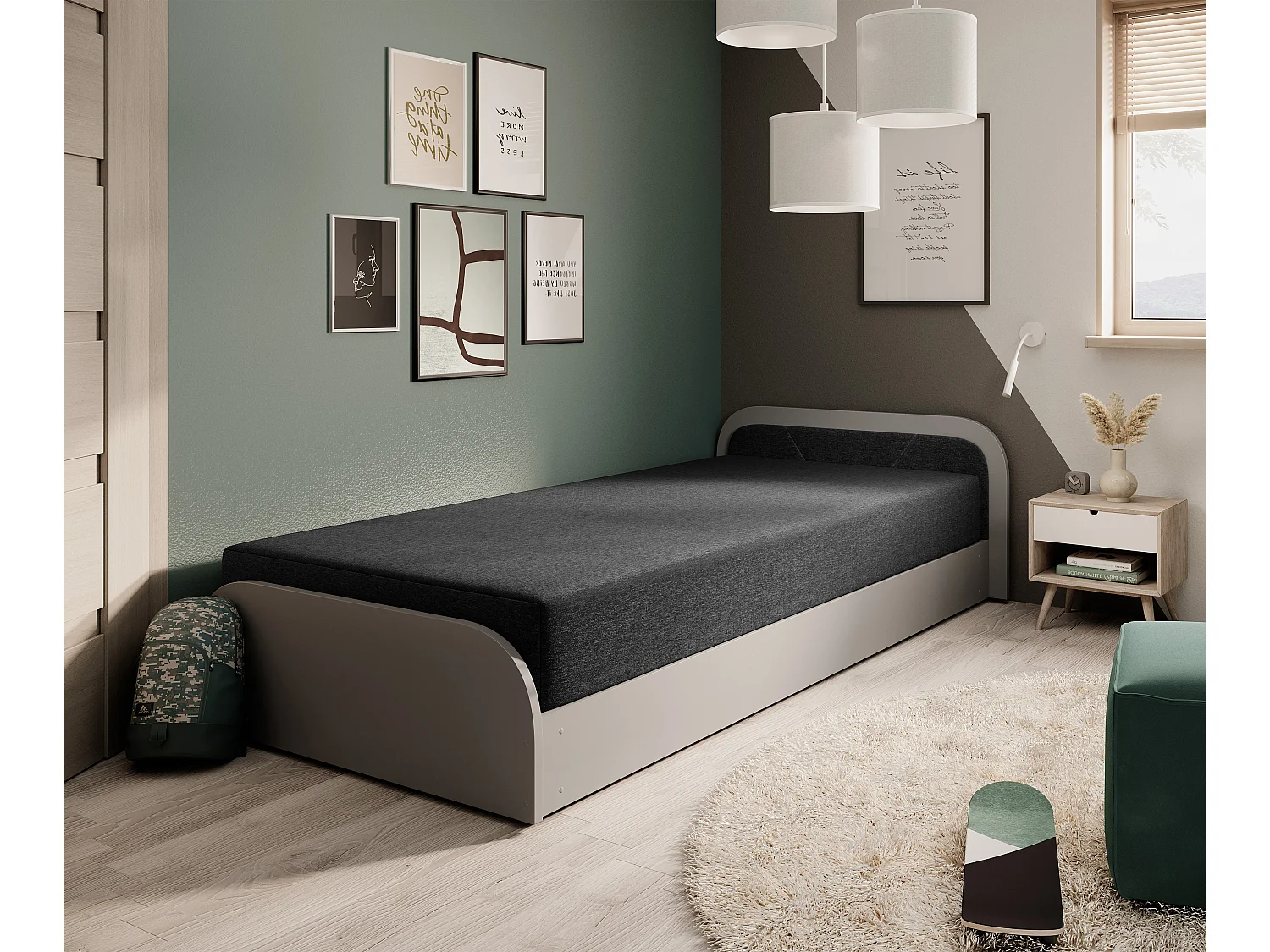 Lit 1 place avec coffre de rangement Parko – Confort et Praticité-Gris/Noir-Modéle Coté gauche