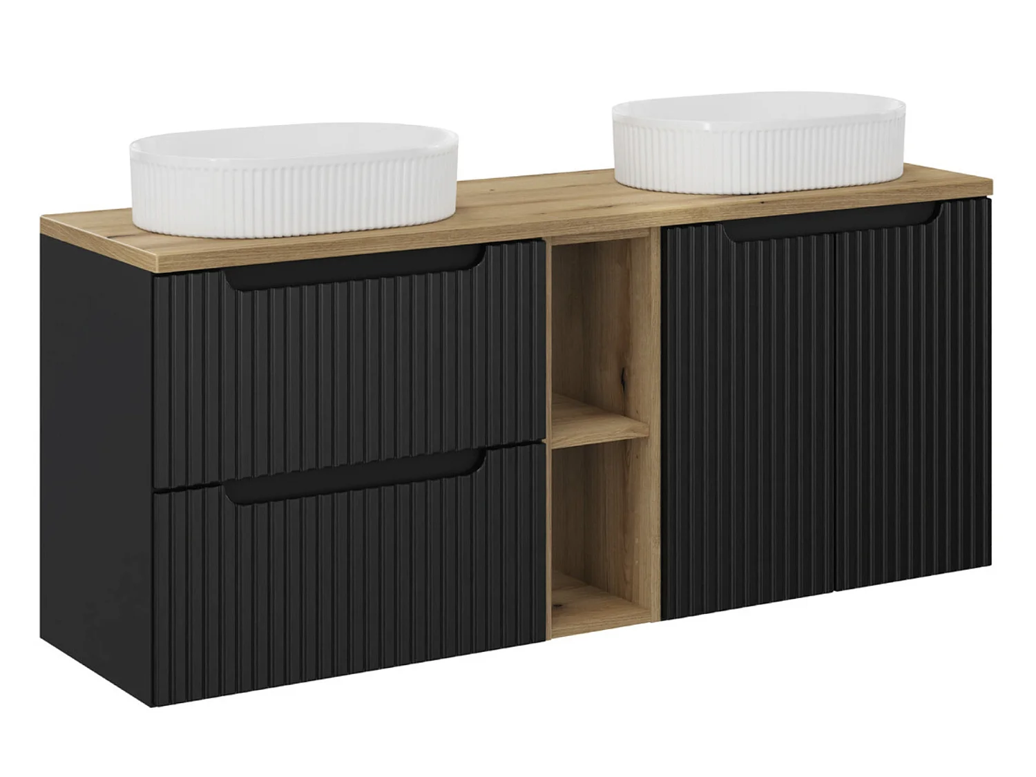 Ensemble meuble salle de bain suspendu noir NOVA 140cm – Double vasque ovale blanche, plan, rangements