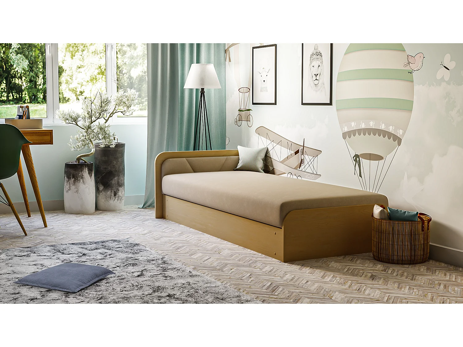 Lit 1 place avec coffre de rangement Parko – Confort et Praticité-Marron/Beige clair-Modéle Coté droit