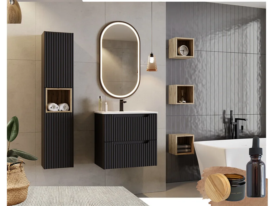 Meuble sous vasque suspendu 2 tiroirs avec plan NOVA-Noir-Plateau Noir-Largeur 60 cm