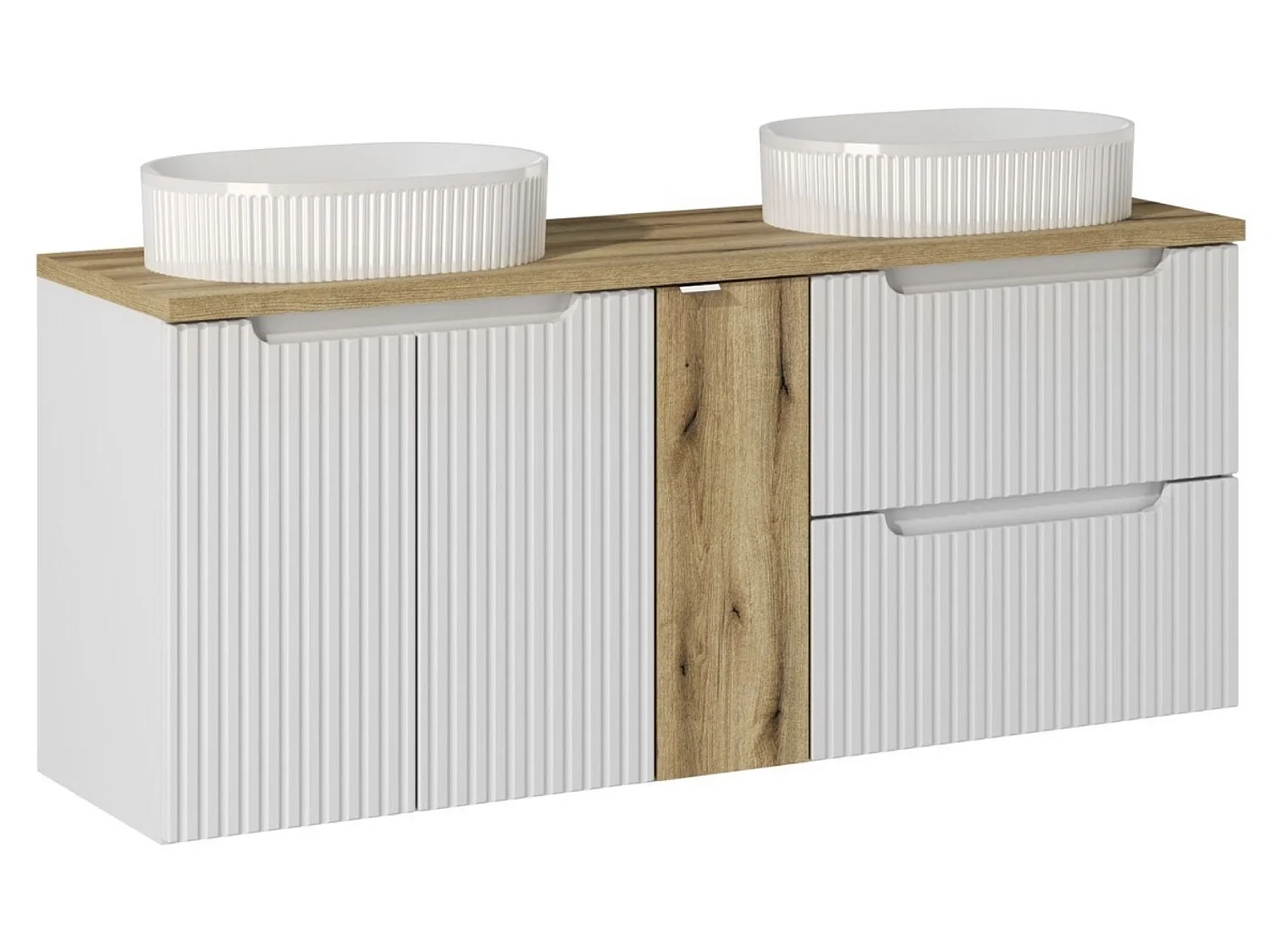 Ensemble meuble salle de bain 140cm NOVA suspendu – Double vasque ovale blanche, plan et rangements-Blanc/Naturel