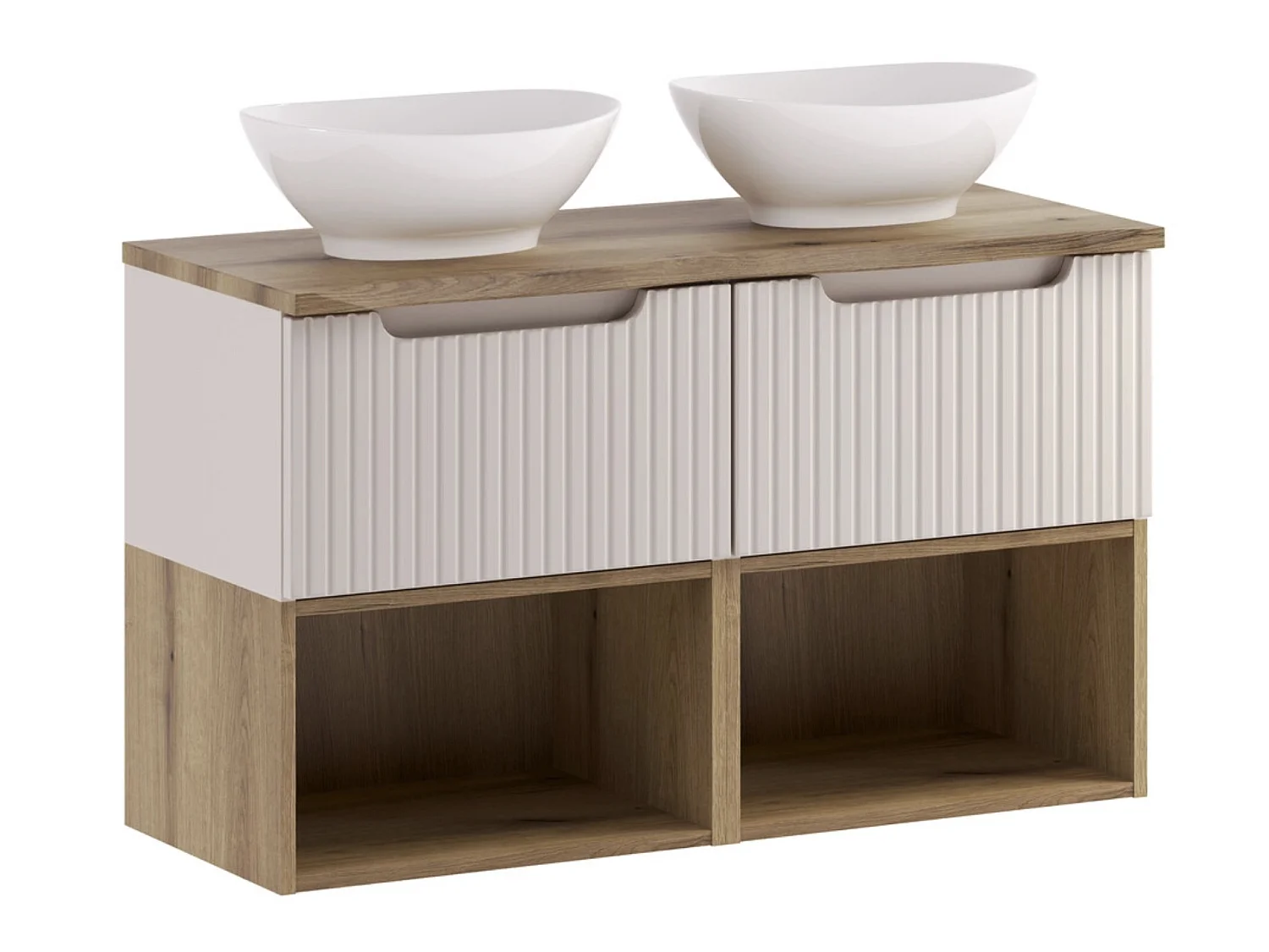 Meuble salle de bain double vasque suspendu NOVA Taupe 100cm avec plan de travail effet chêne et vasques LOLA