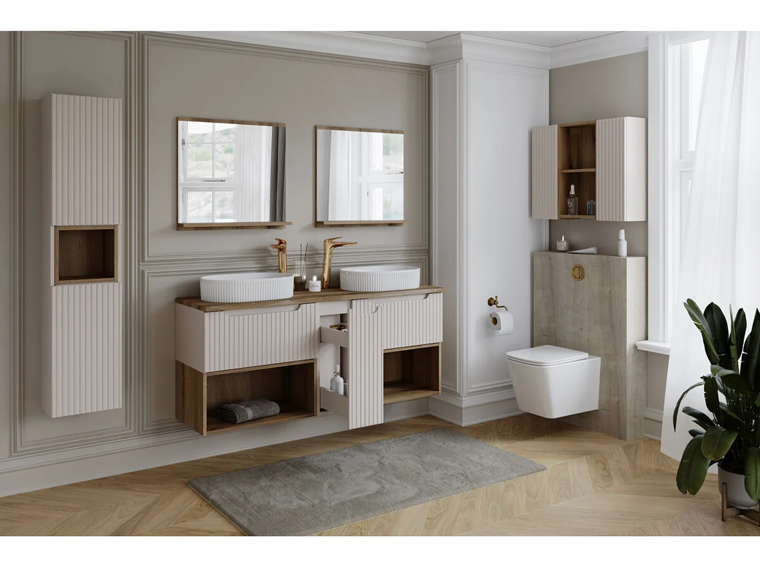 Meuble salle de bain double vasque suspendu NOVA Taupe 100cm avec plan de travail effet chêne et vasques LOLA