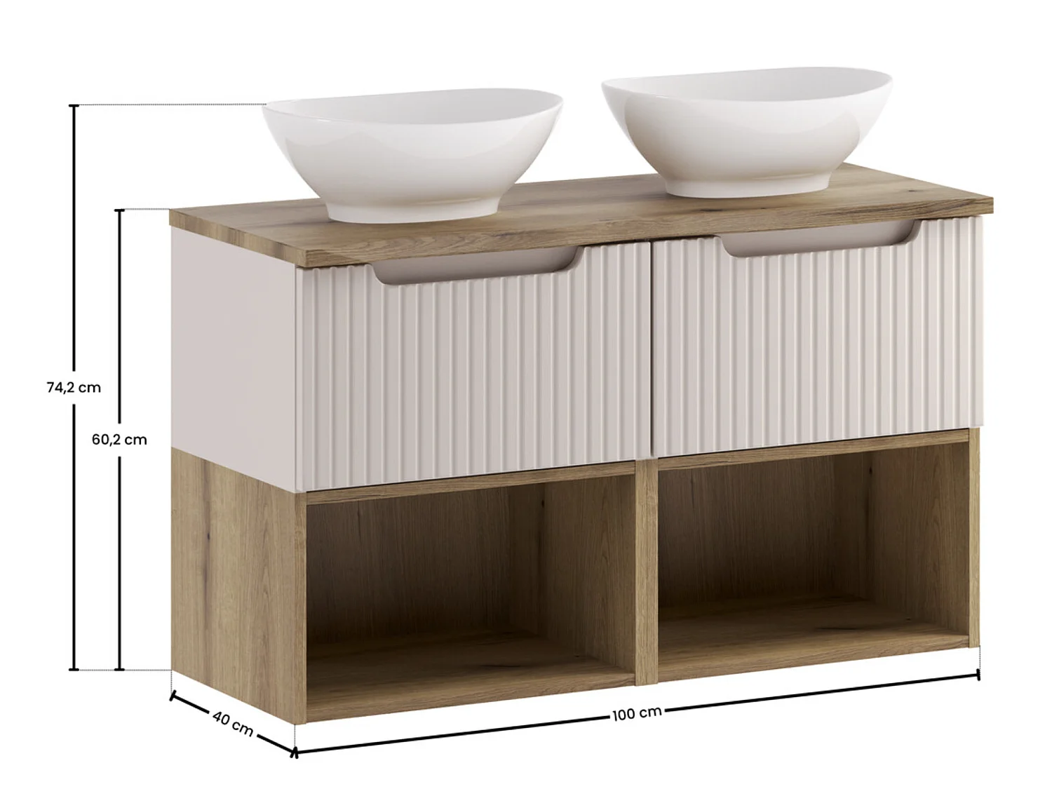 Meuble salle de bain double vasque suspendu NOVA Taupe 100cm avec plan de travail effet chêne et vasques LOLA