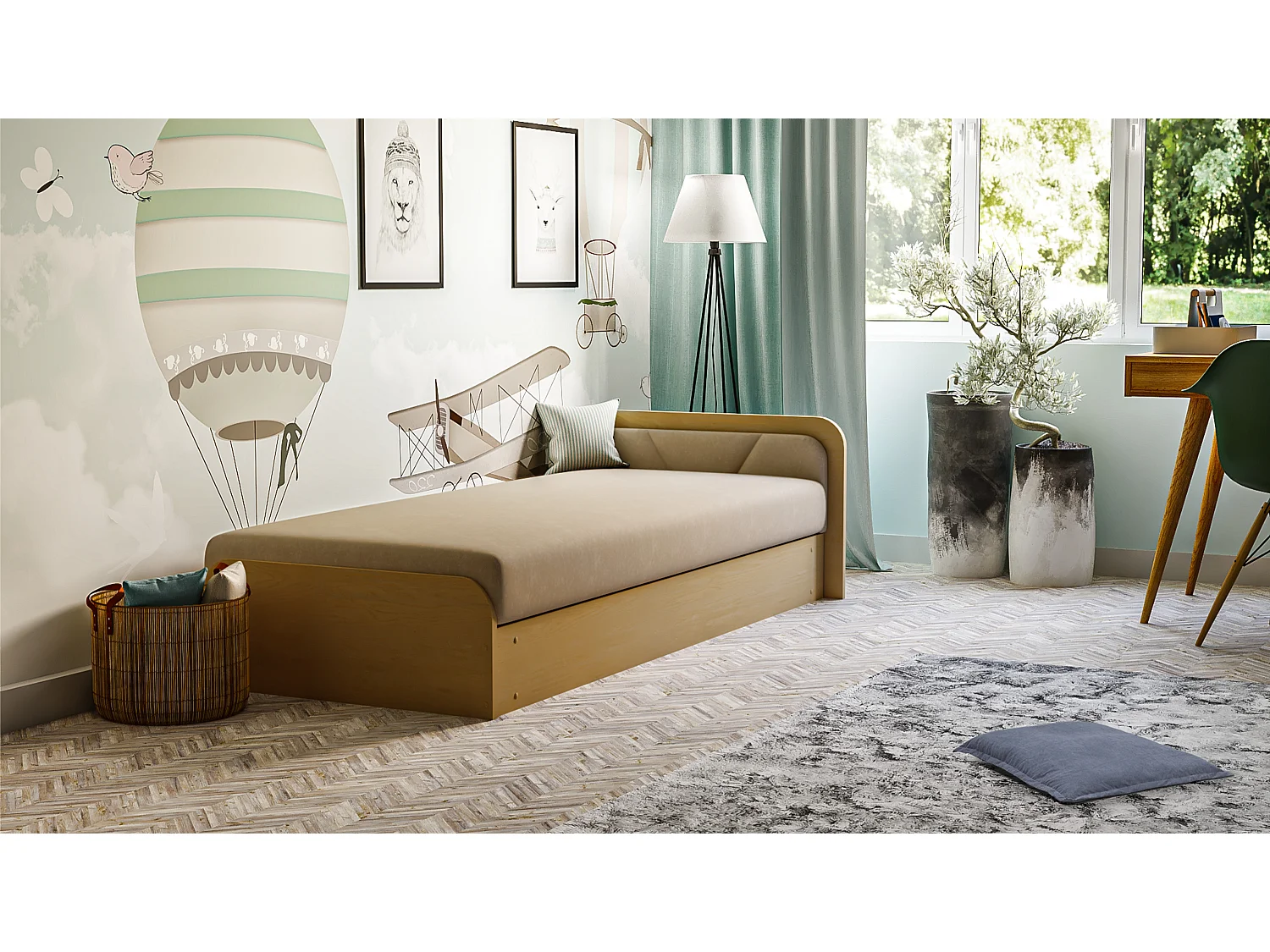 Lit 1 place avec coffre de rangement Parko – Confort et Praticité-Marron/Beige clair-Modéle Coté gauche