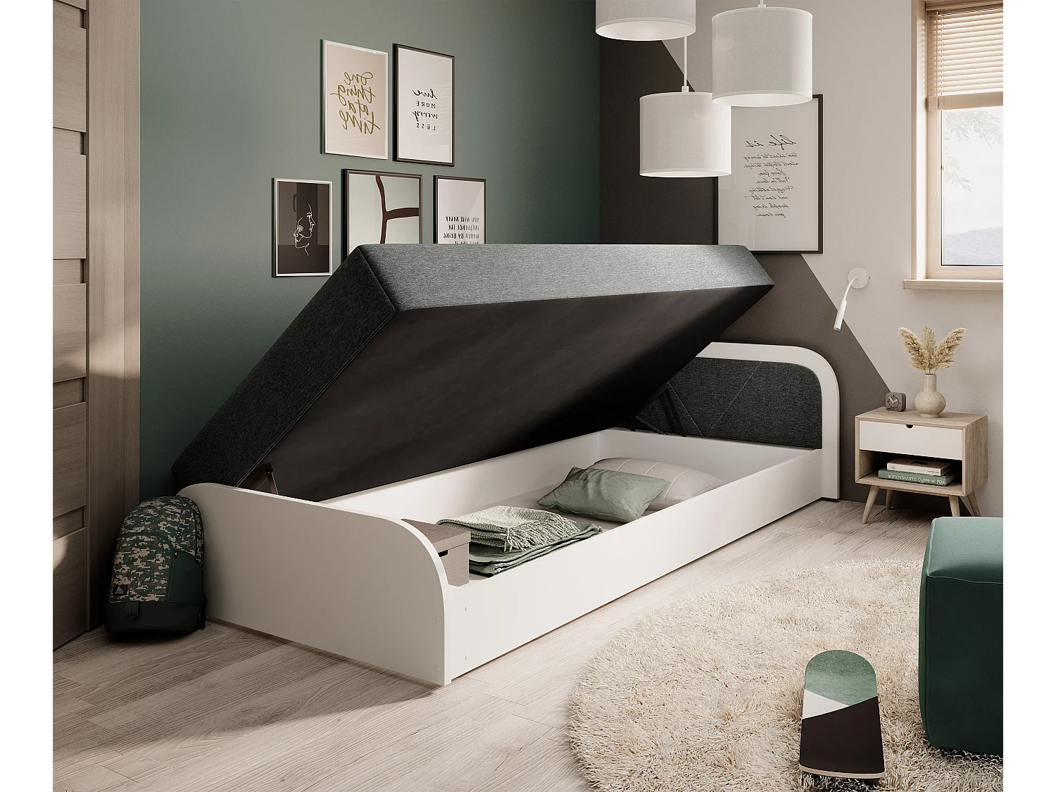 Lit 1 place avec coffre de rangement Parko – Confort et Praticité-Blanc/Gris chiné-Modéle Coté gauche