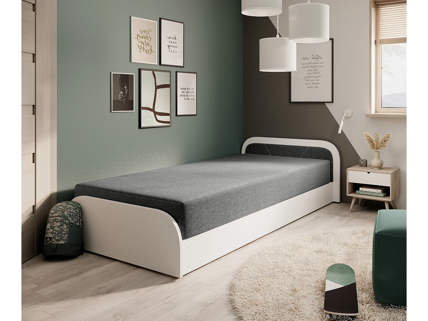 Lit 1 place avec coffre de rangement Parko – Confort et Praticité-Blanc/Gris chiné-Modéle Coté gauche