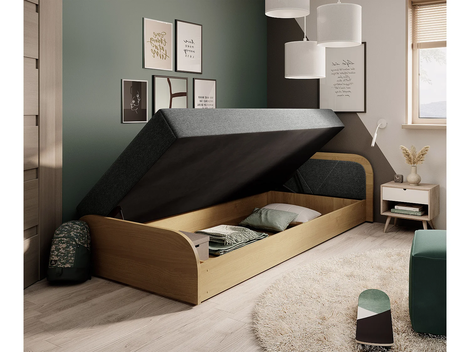 Lit 1 place avec coffre de rangement Parko – Confort et Praticité-Marron/Gris chiné-Modéle Coté gauche