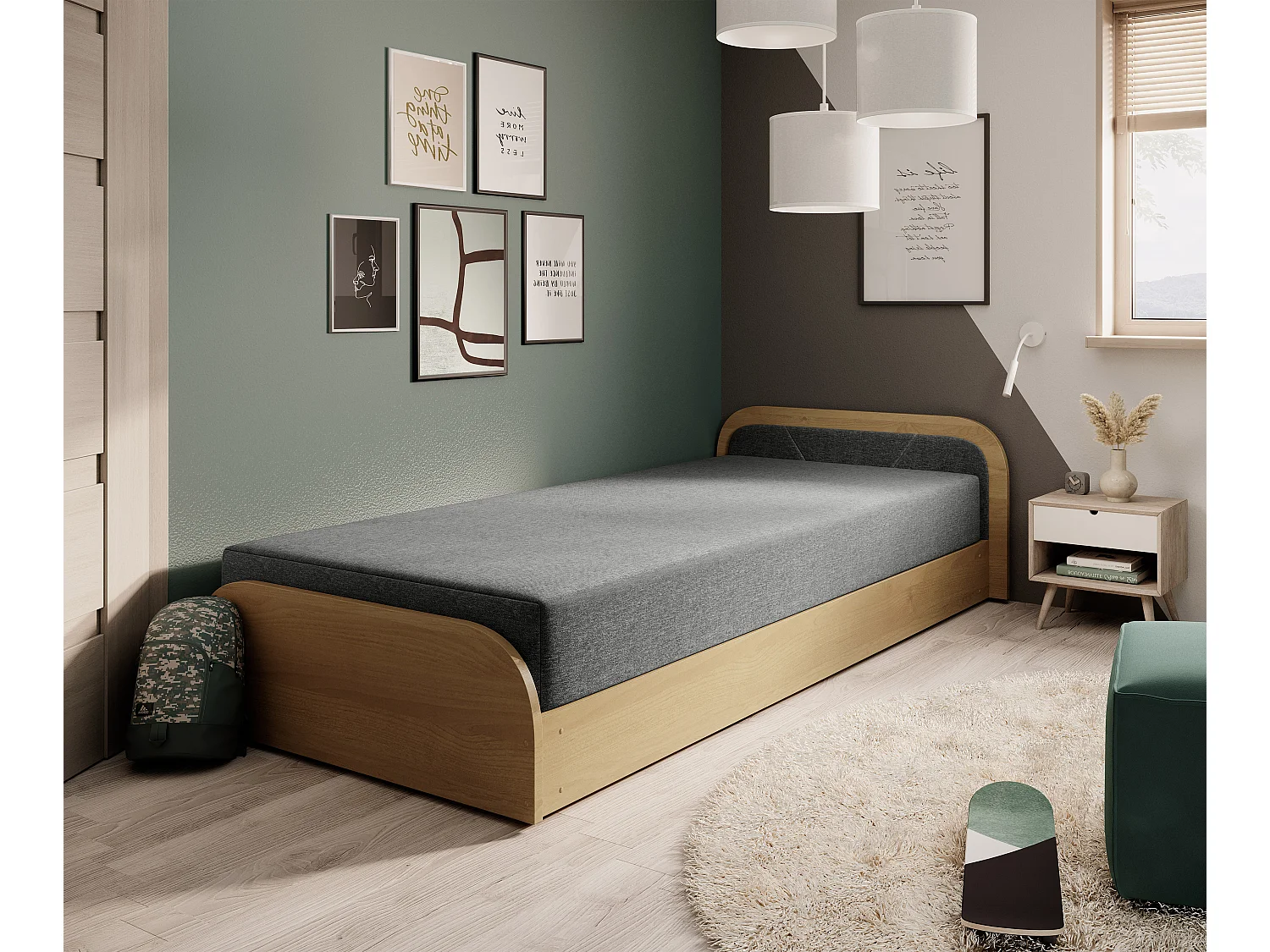 Lit 1 place avec coffre de rangement Parko – Confort et Praticité-Marron/Gris chiné-Modéle Coté gauche
