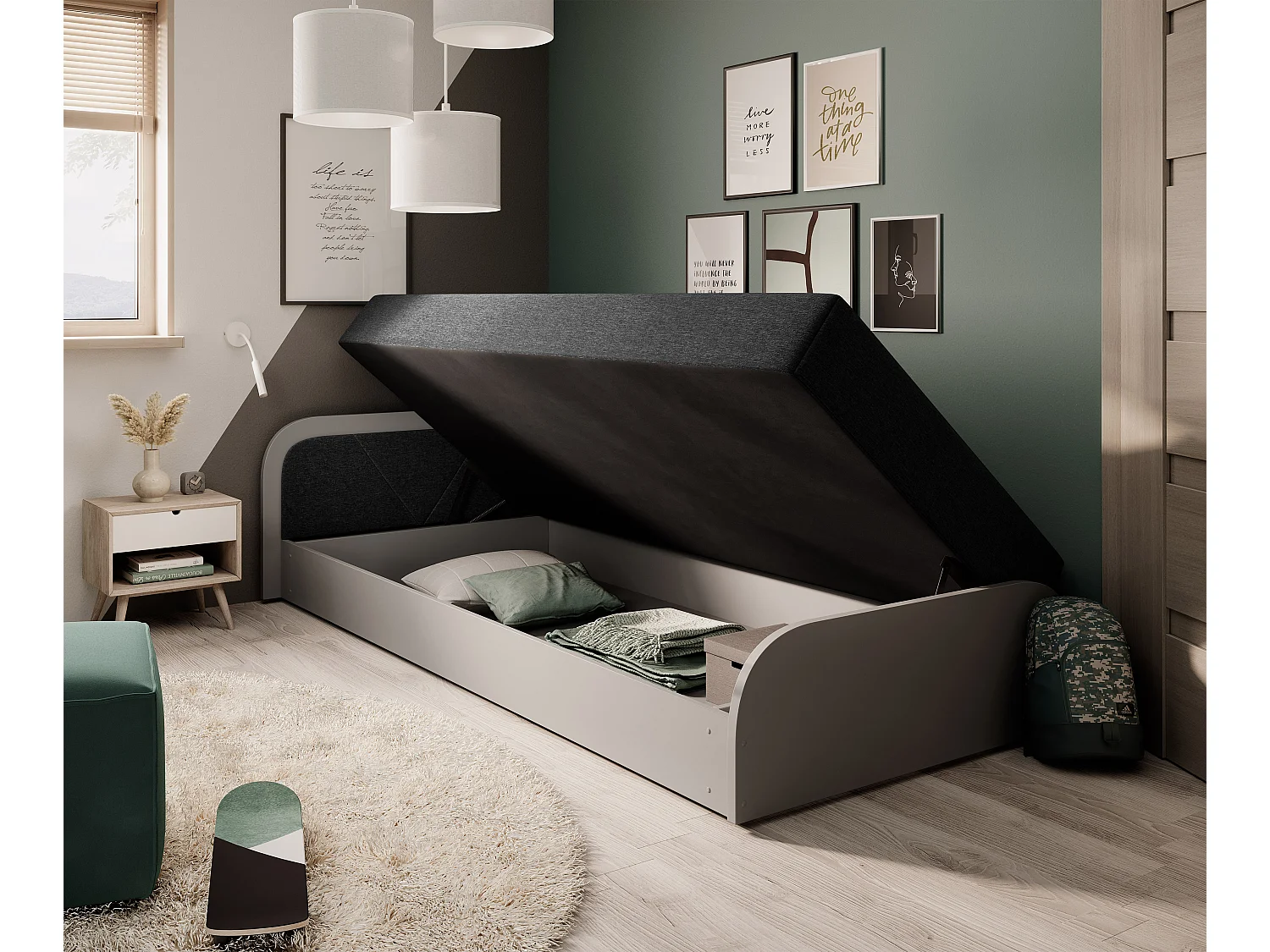 Lit 1 place avec coffre de rangement Parko – Confort et Praticité-Gris/Noir-Modéle Coté droit