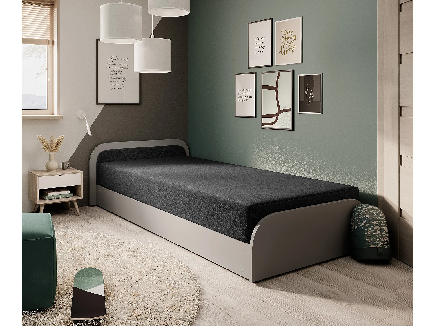 Lit 1 place avec coffre de rangement Parko – Confort et Praticité-Gris/Noir-Modéle Coté droit