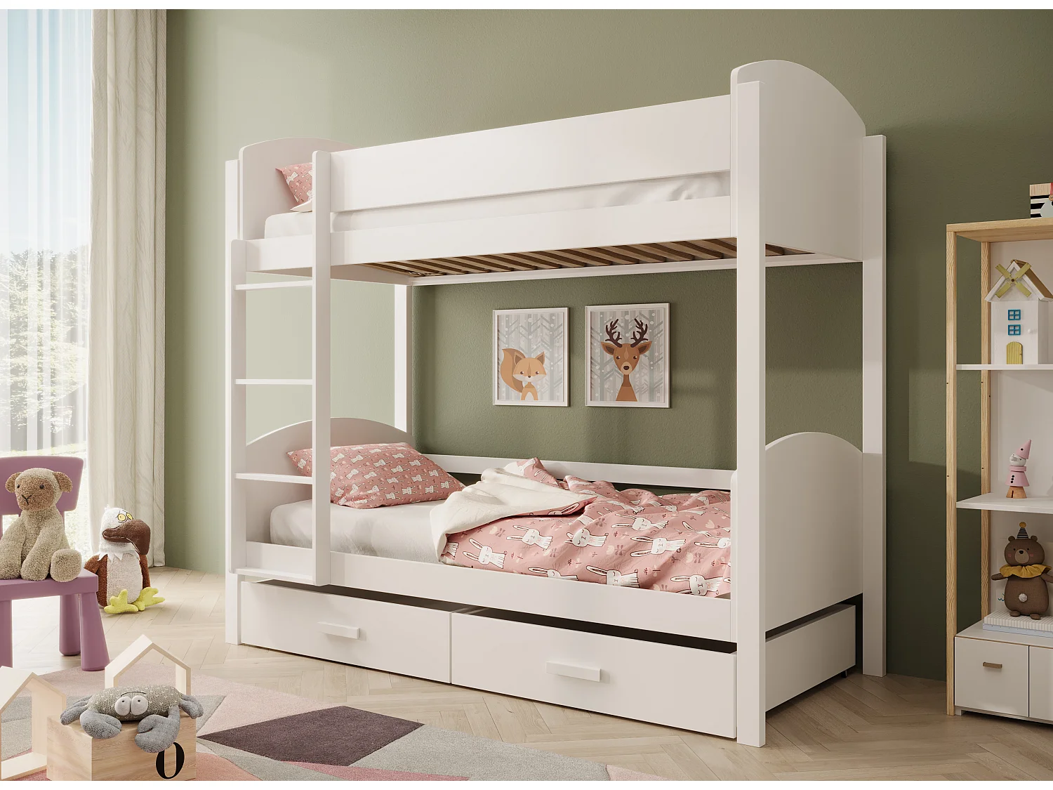 Lit superposé MOLI avec tiroirs – Fonctionnalité, sécurité et gain de place-Blanc-90x200