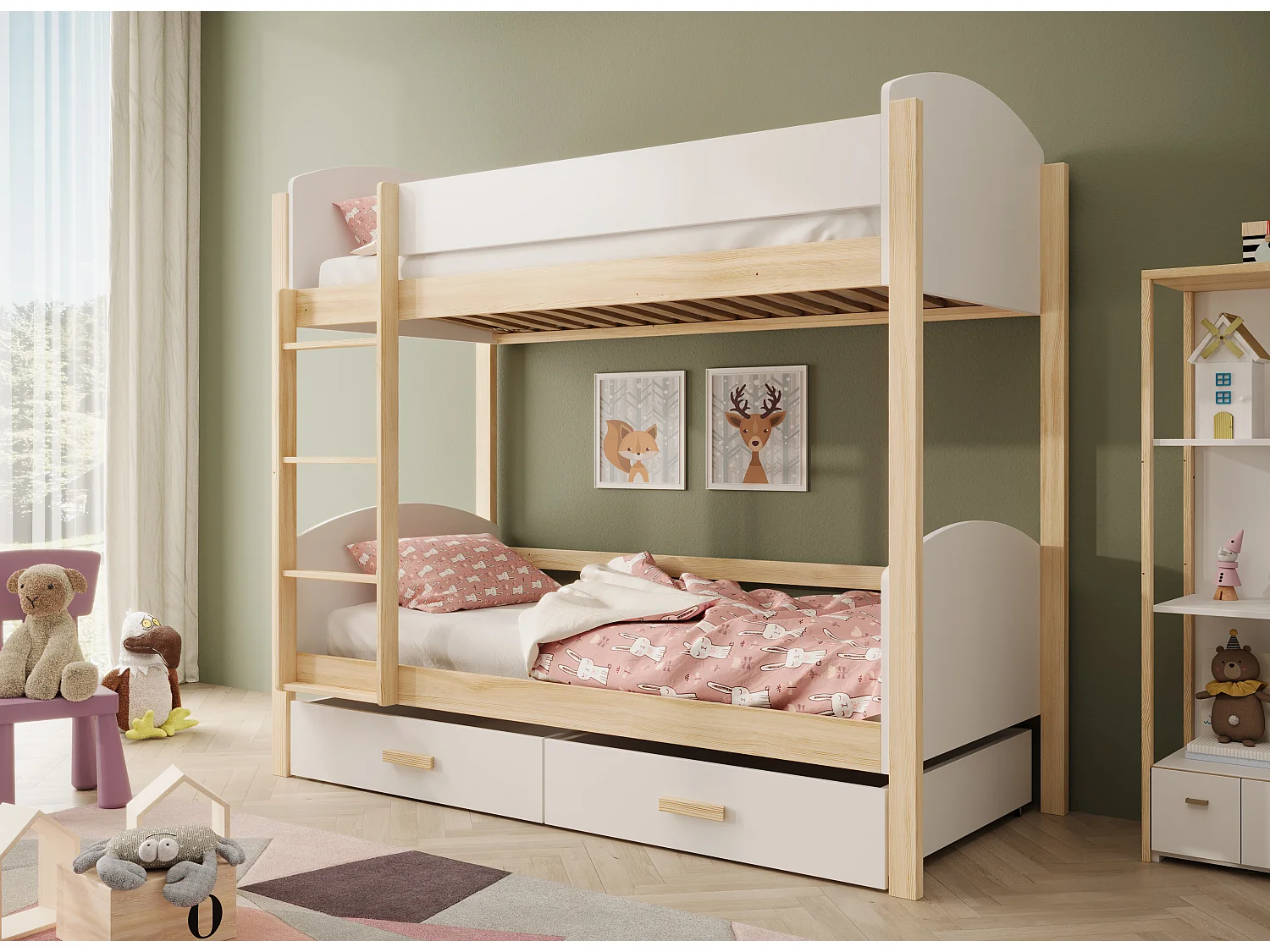 Lit superposé MOLI avec tiroirs – Fonctionnalité, sécurité et gain de place-Blanc-90x200