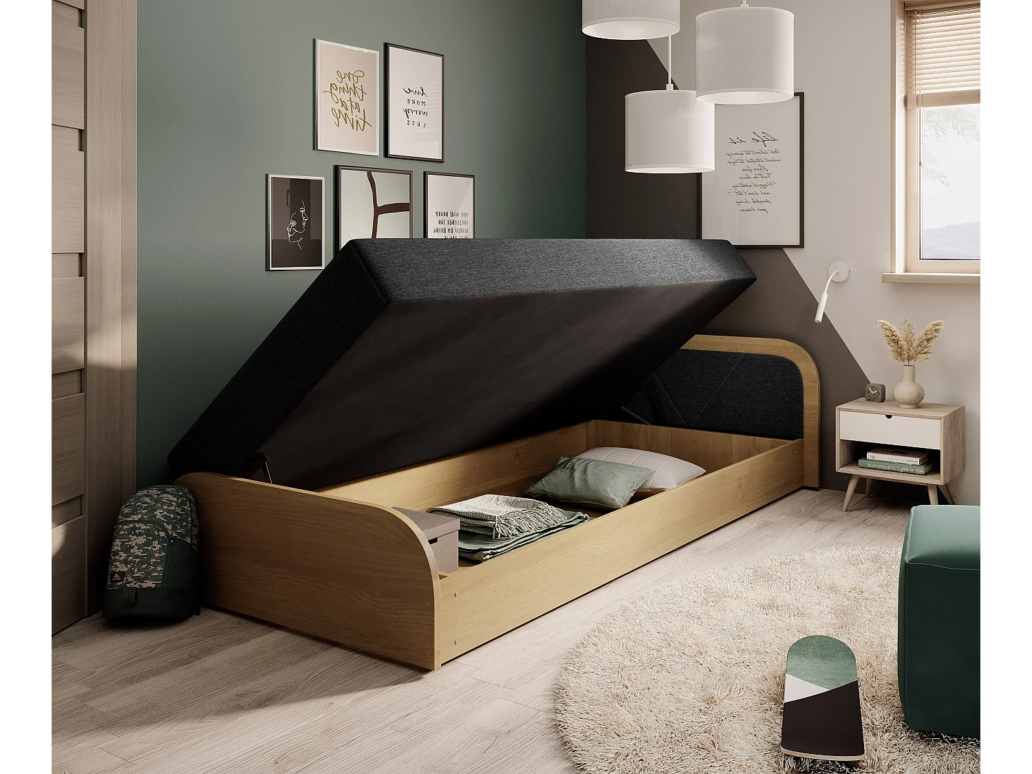 Lit 1 place avec coffre de rangement Parko – Confort et Praticité-Marron/Noir-Modéle Coté gauche