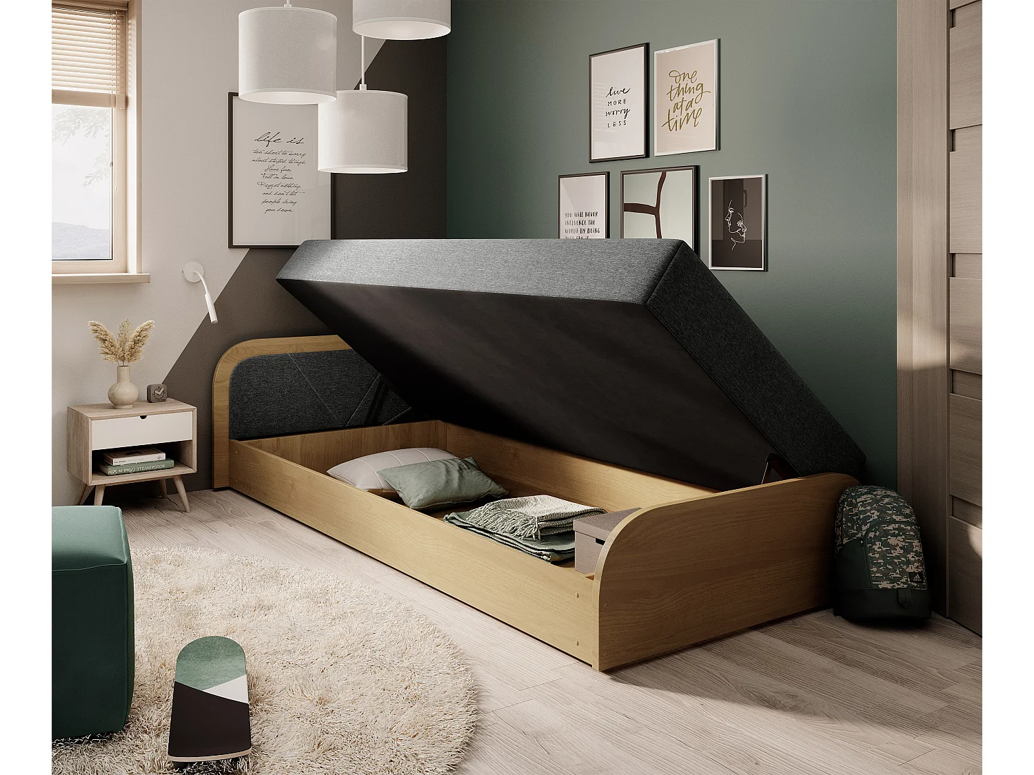 Lit 1 place avec coffre de rangement Parko – Confort et Praticité-Marron/Gris chiné-Modéle Coté droit