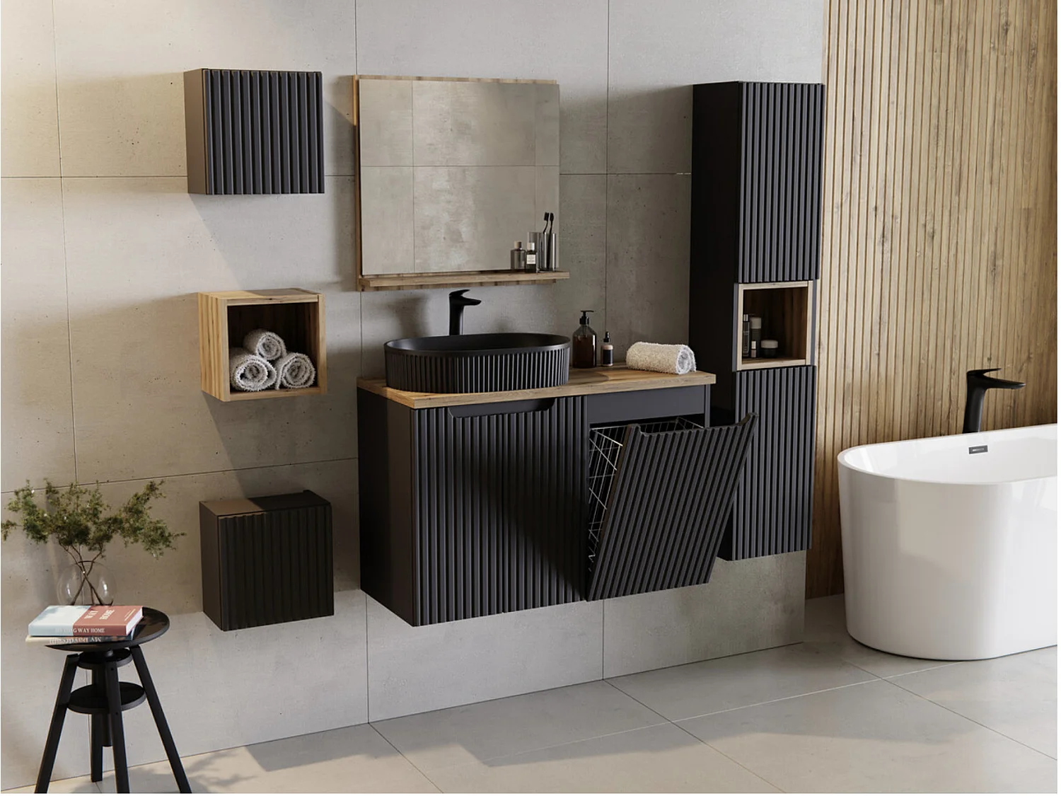 Meuble sous vasque suspendu 2 portes avec plan NOVA-Noir-Plateau Noir-Largeur 50 cm