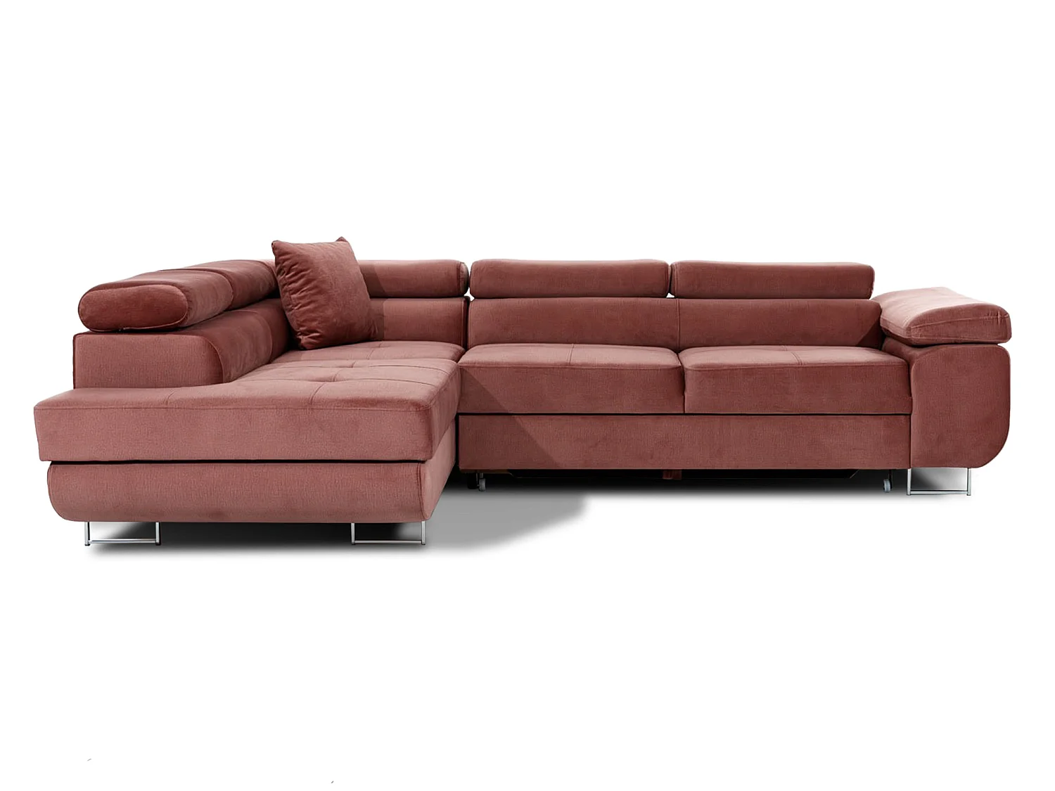 Canapé d’angle convertible MARKA en velours avec coffre et têtières réglables – 272cm-Rose poudré-angle gauche