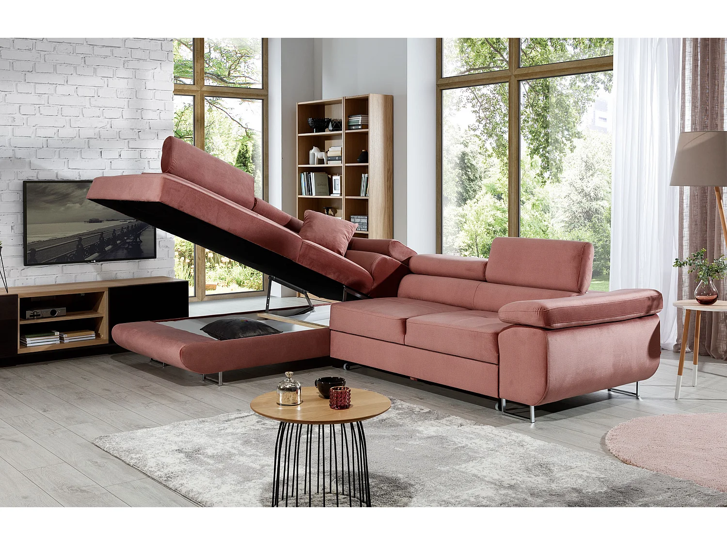Canapé d’angle convertible MARKA en velours avec coffre et têtières réglables – 272cm-Rose poudré-angle gauche