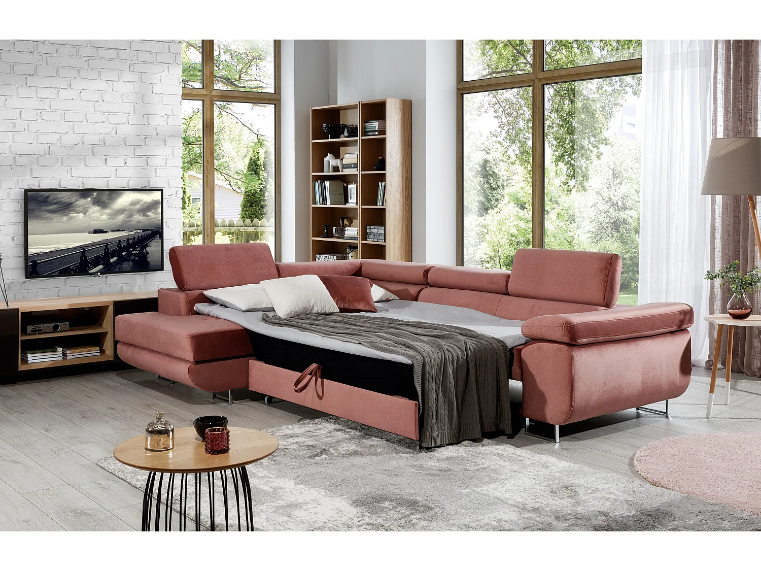 Canapé d’angle convertible MARKA en velours avec coffre et têtières réglables – 272cm-Rose poudré-angle gauche