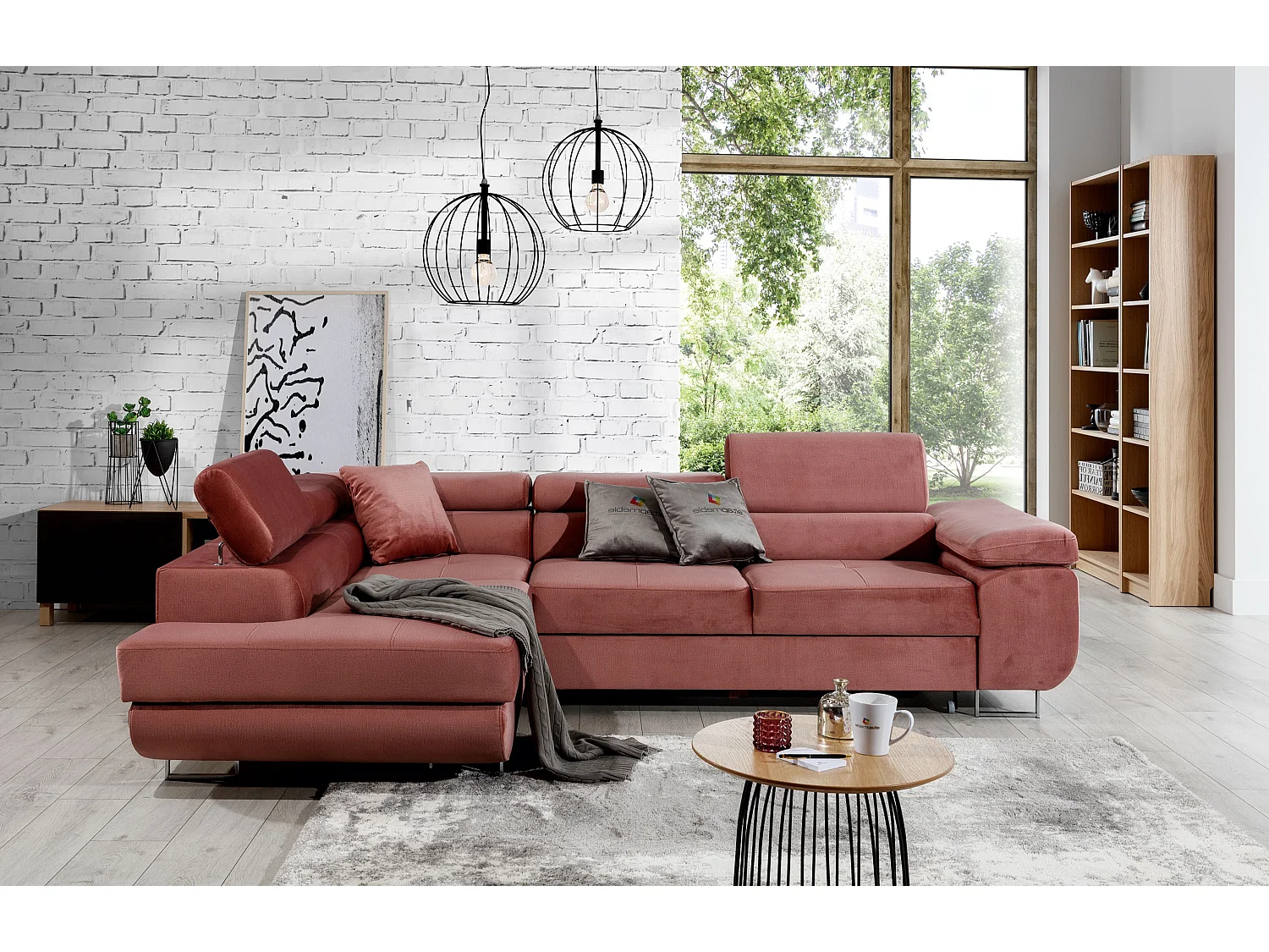 Canapé d’angle convertible MARKA en velours avec coffre et têtières réglables – 272cm-Rose poudré-angle gauche