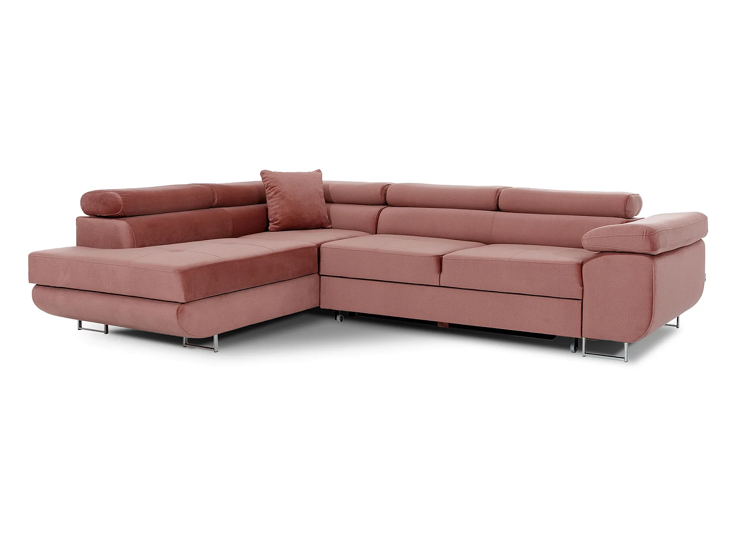 Canapé d’angle convertible MARKA en velours avec coffre et têtières réglables – 272cm-Rose poudré-angle gauche