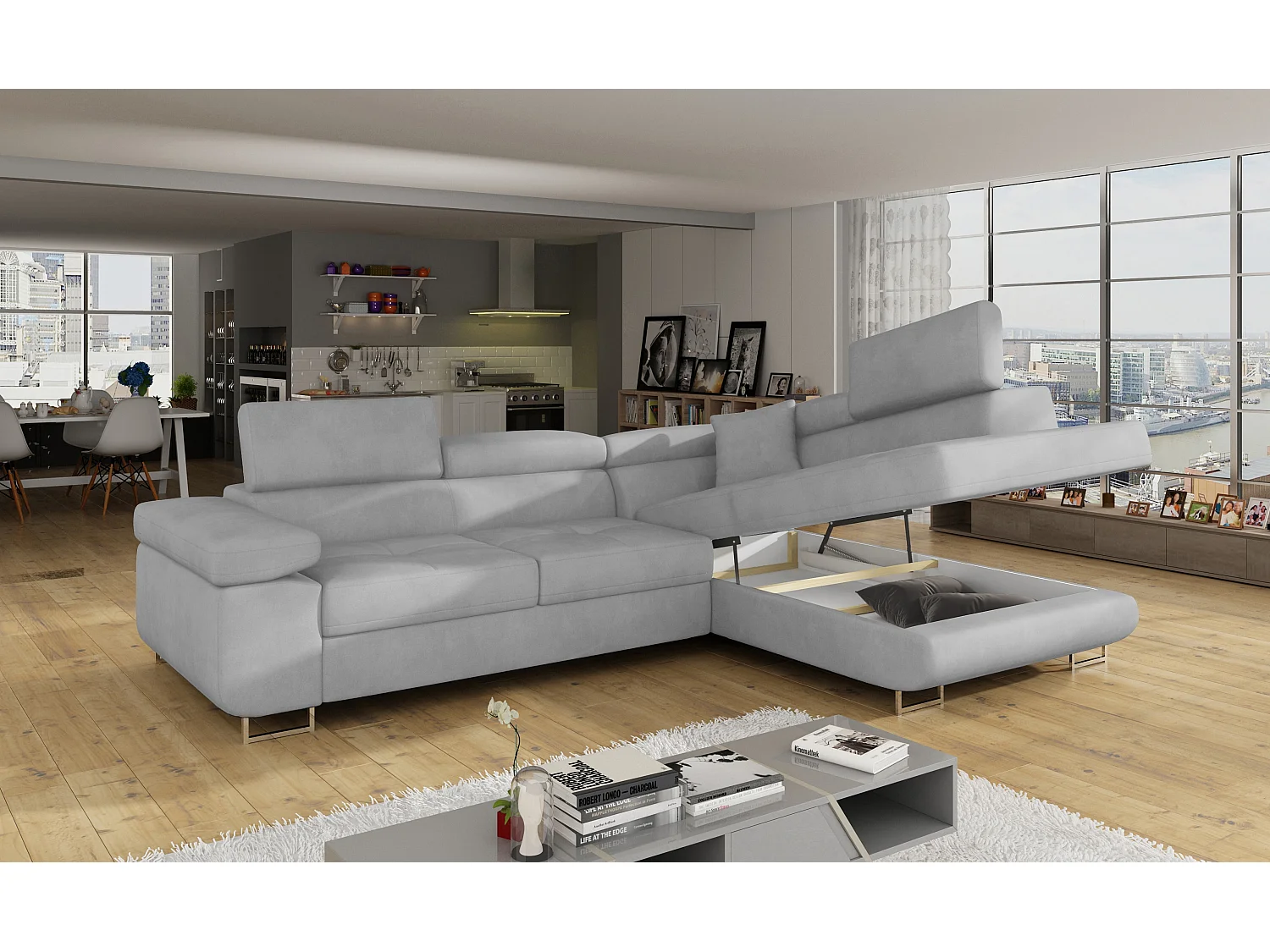 Canapé d’angle convertible MARKA en velours avec coffre et têtières réglables – 272cm-Rose poudré-angle gauche