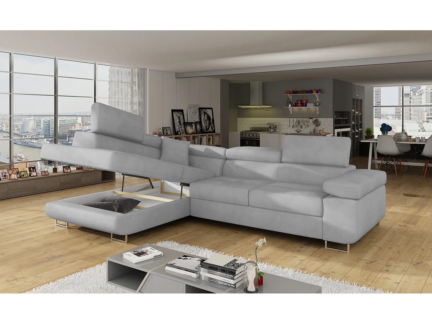 Canapé d’angle convertible MARKA en velours avec coffre et têtières réglables – 272cm-Gris clair-angle gauche