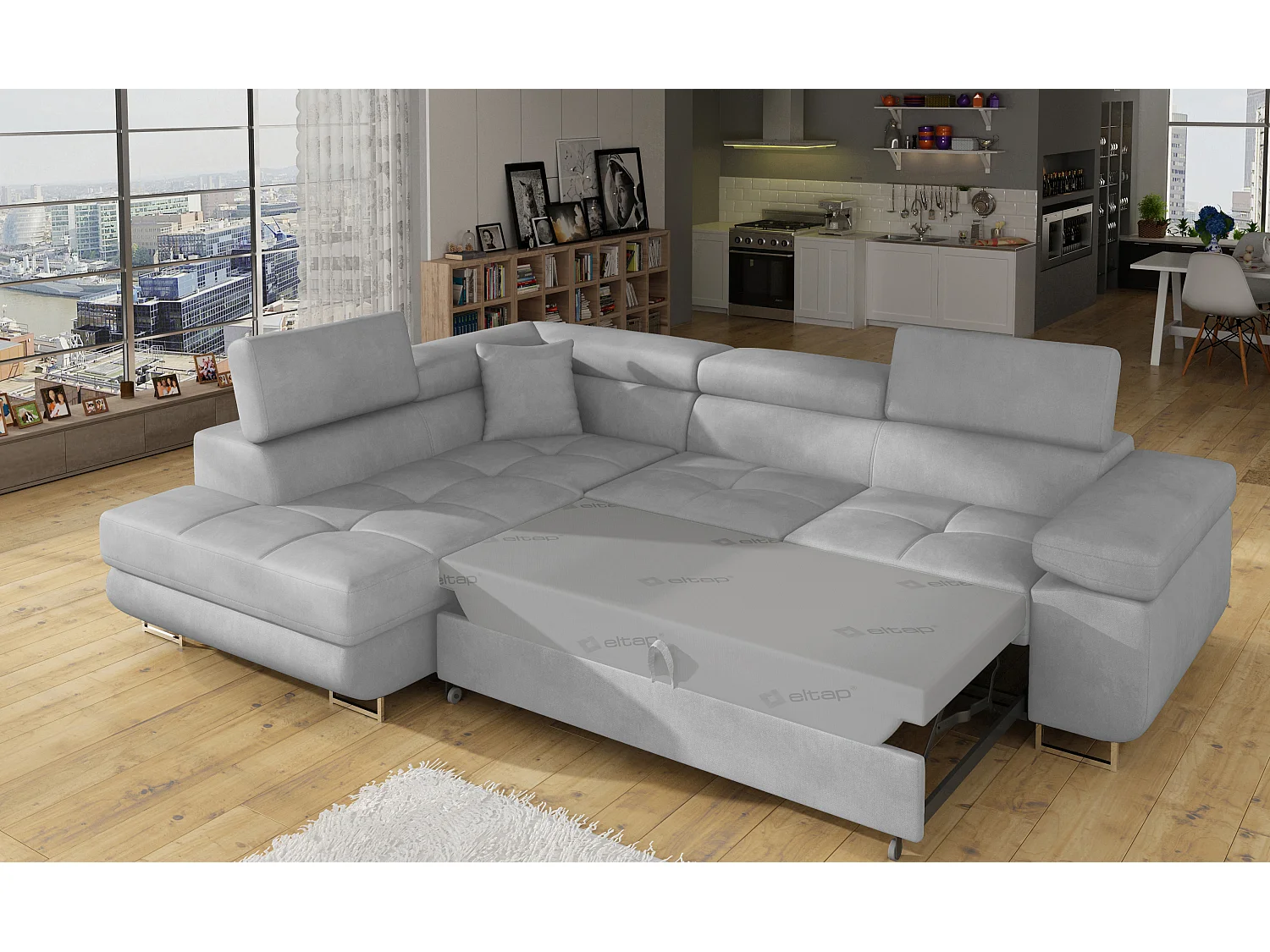 Canapé d’angle convertible MARKA en velours avec coffre et têtières réglables – 272cm-Gris clair-angle gauche