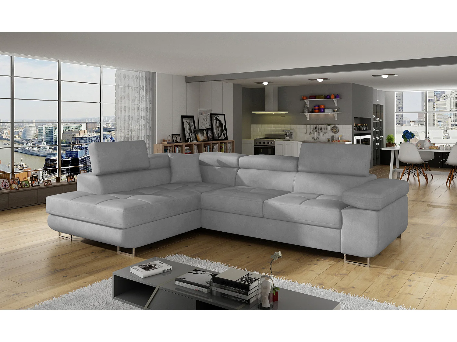 Canapé d’angle convertible MARKA en velours avec coffre et têtières réglables – 272cm-Gris clair-angle gauche