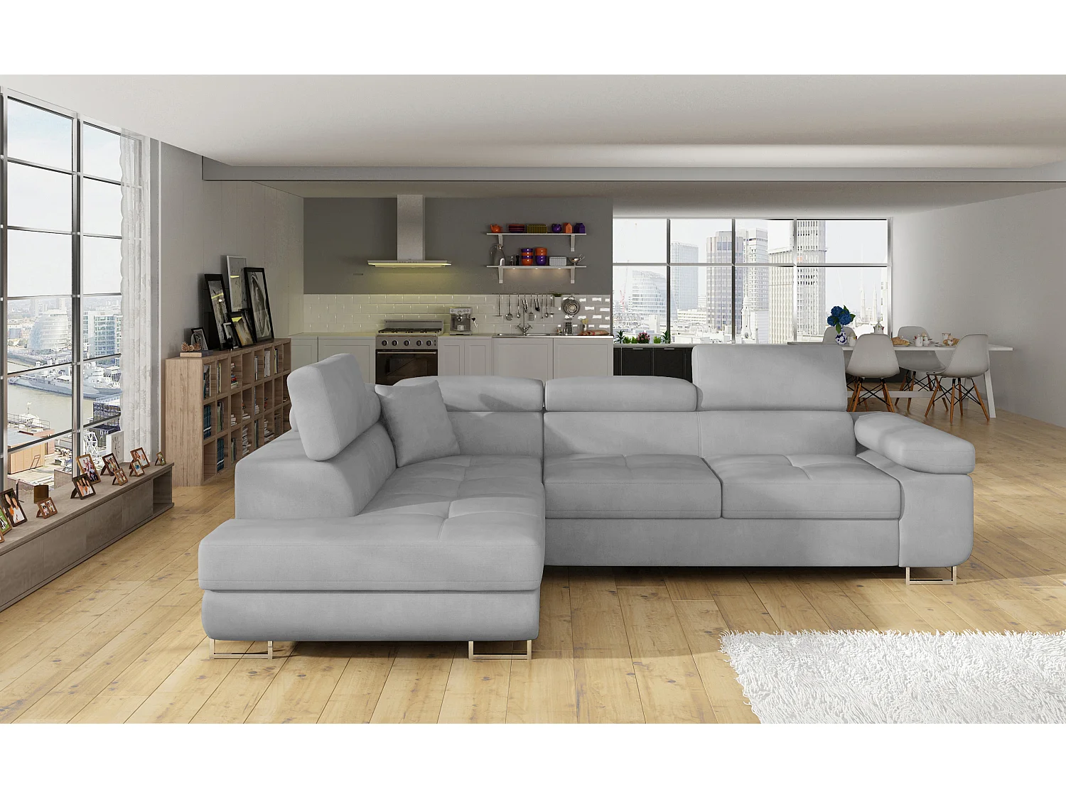 Canapé d’angle convertible MARKA en velours avec coffre et têtières réglables – 272cm-Gris clair-angle gauche