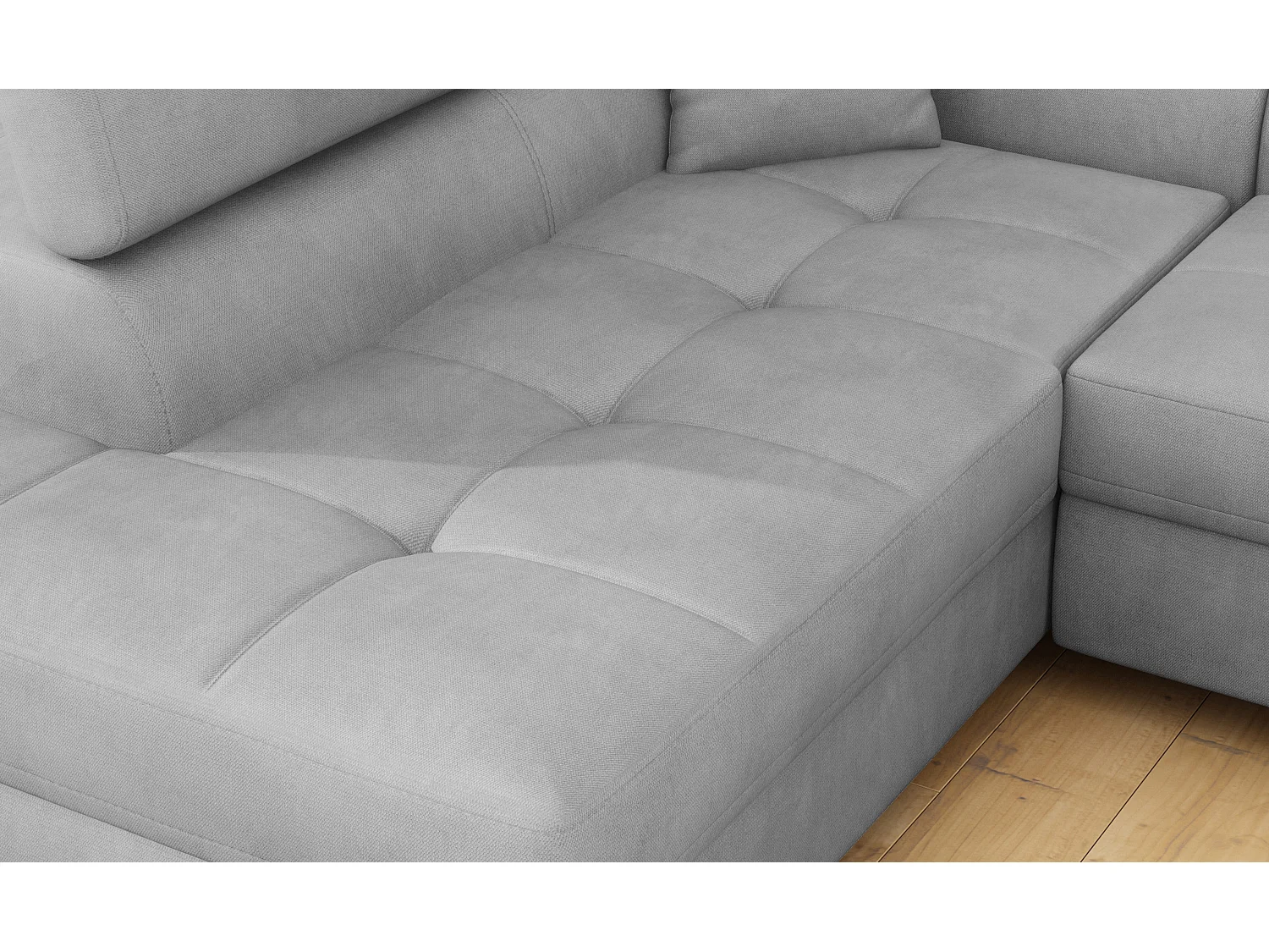 Canapé d’angle convertible MARKA en velours avec coffre et têtières réglables – 272cm-Gris clair-angle gauche