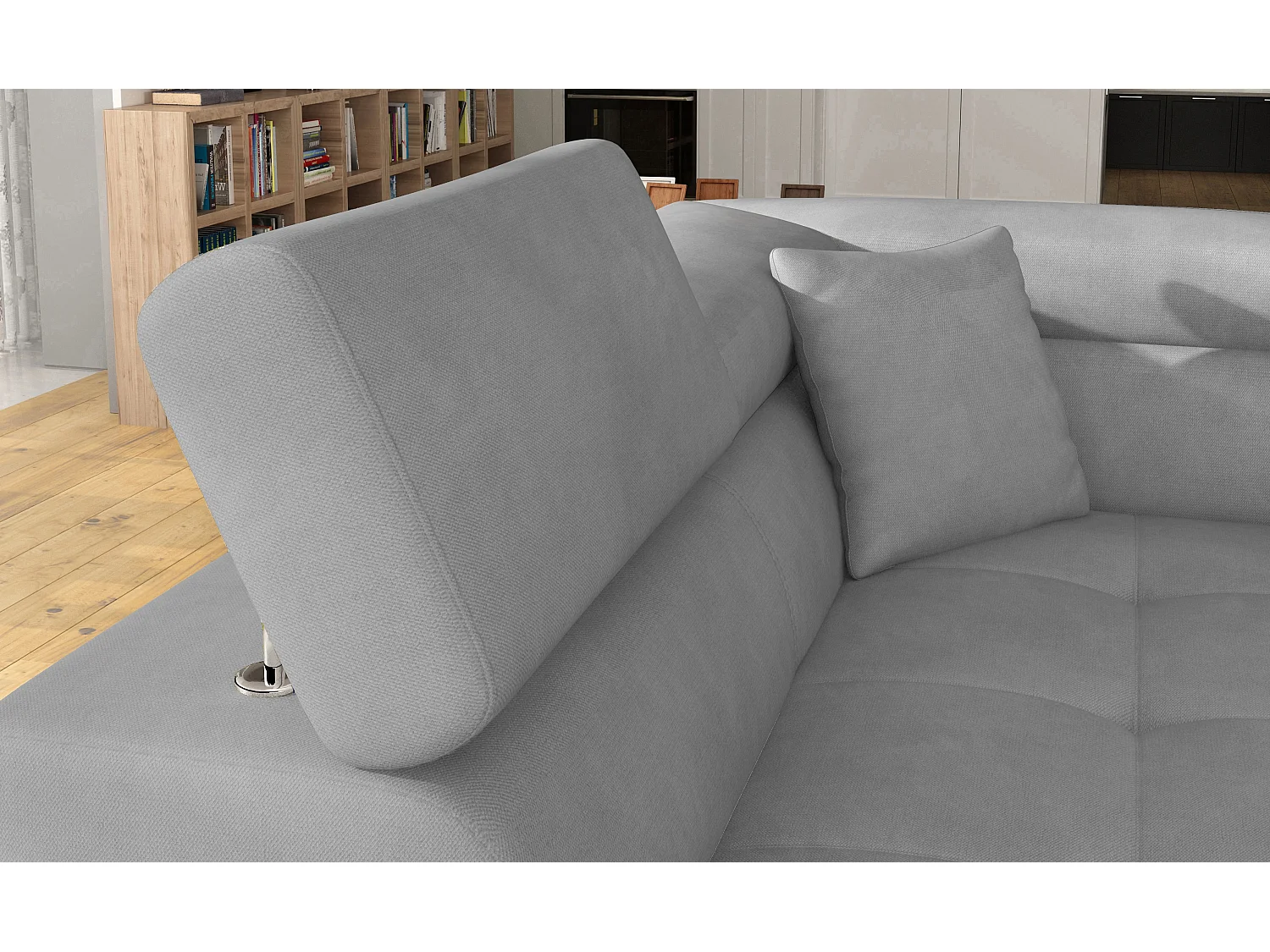 Canapé d’angle convertible MARKA en velours avec coffre et têtières réglables – 272cm-Gris clair-angle gauche