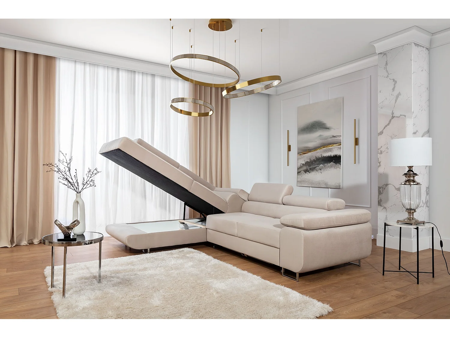 Canapé d’angle convertible MARKA en velours avec coffre et têtières réglables – 272cm-Beige clair-angle gauche