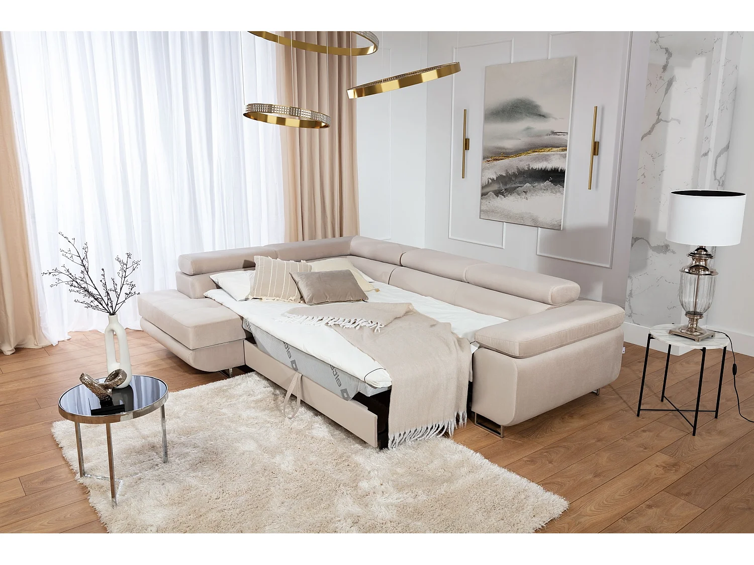 Canapé d’angle convertible MARKA en velours avec coffre et têtières réglables – 272cm-Beige clair-angle gauche