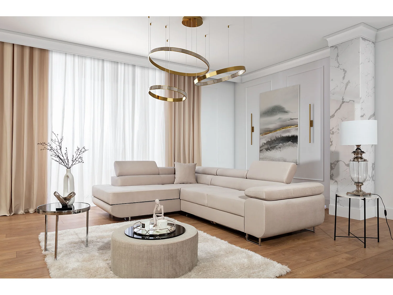 Canapé d’angle convertible MARKA en velours avec coffre et têtières réglables – 272cm-Beige clair-angle gauche