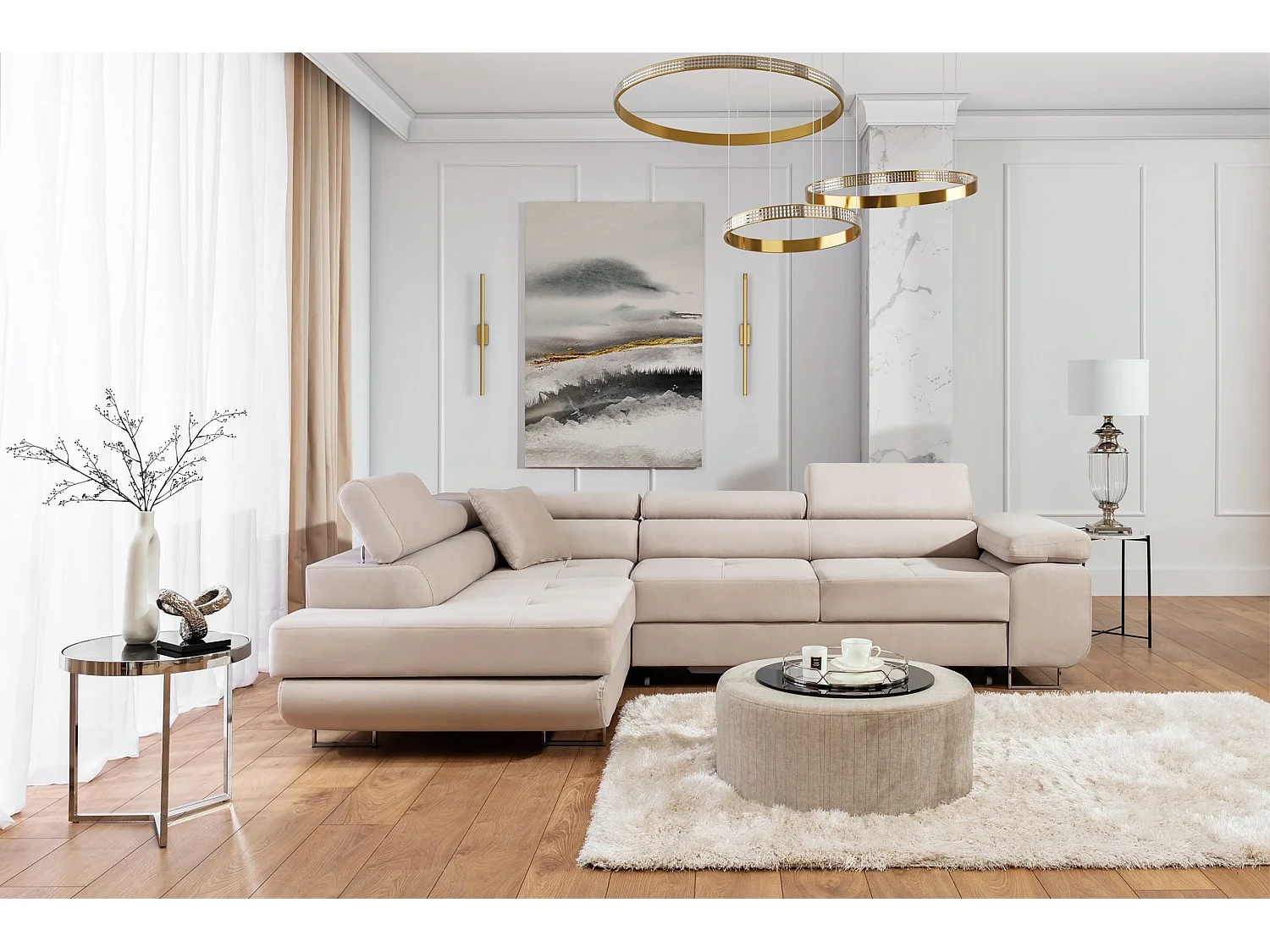 Canapé d’angle convertible MARKA en velours avec coffre et têtières réglables – 272cm-Beige clair-angle gauche