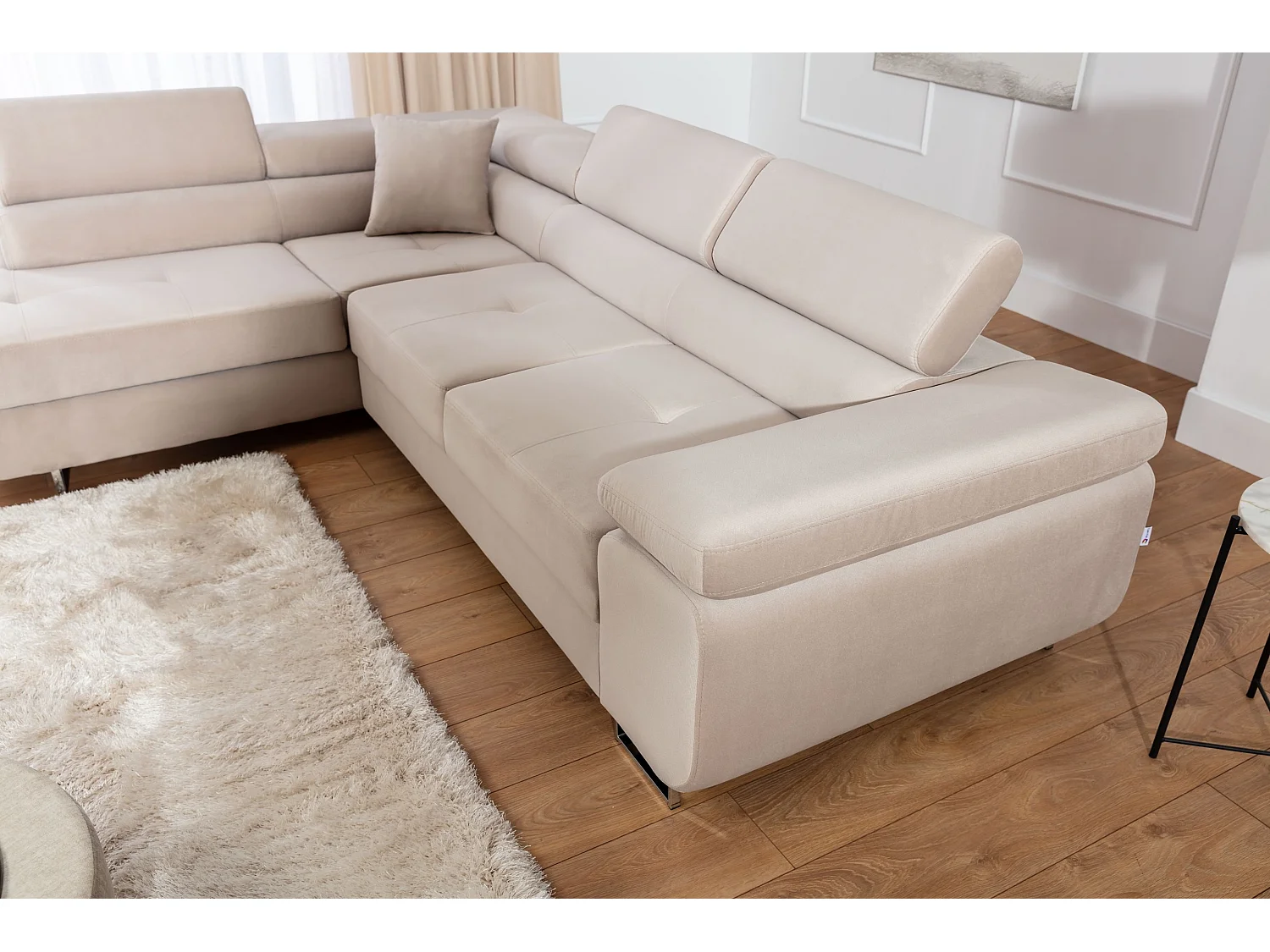 Canapé d’angle convertible MARKA en velours avec coffre et têtières réglables – 272cm-Beige clair-angle gauche