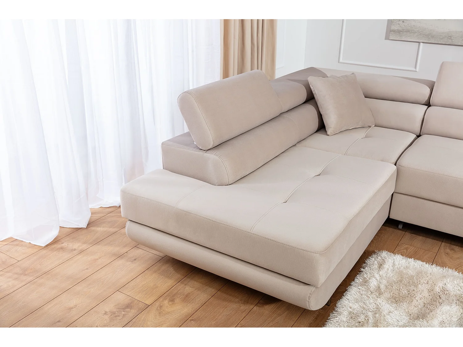 Canapé d’angle convertible MARKA en velours avec coffre et têtières réglables – 272cm-Beige clair-angle gauche