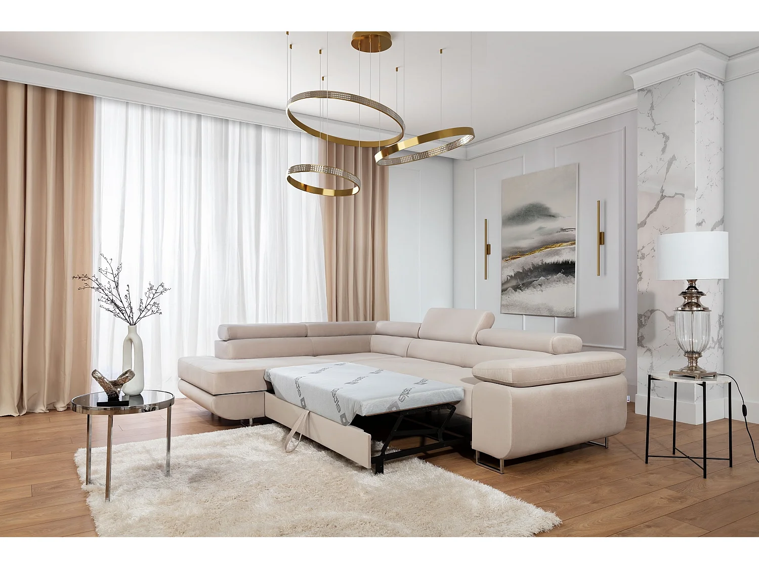 Canapé d’angle convertible MARKA en velours avec coffre et têtières réglables – 272cm-Beige clair-angle gauche