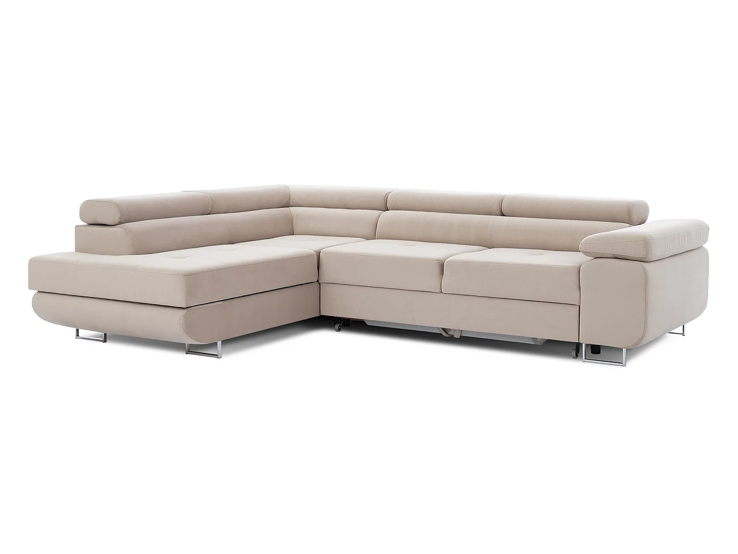 Canapé d’angle convertible MARKA en velours avec coffre et têtières réglables – 272cm-Beige clair-angle gauche
