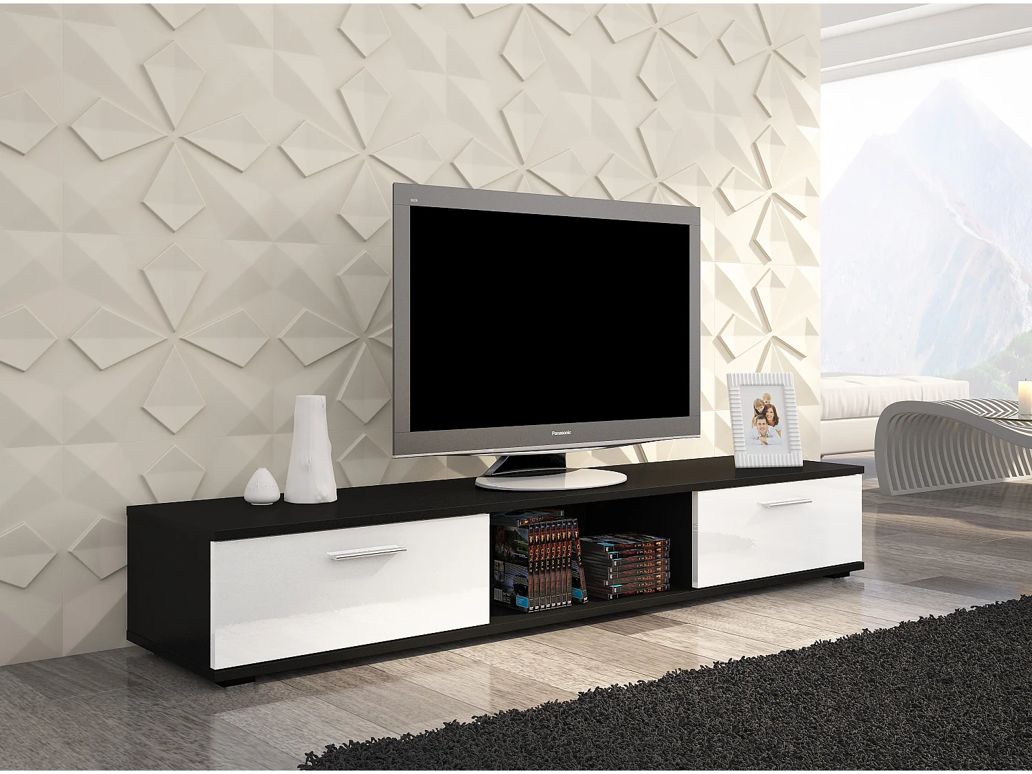 Meuble TV noir et blanc brillant Flexa 176cm