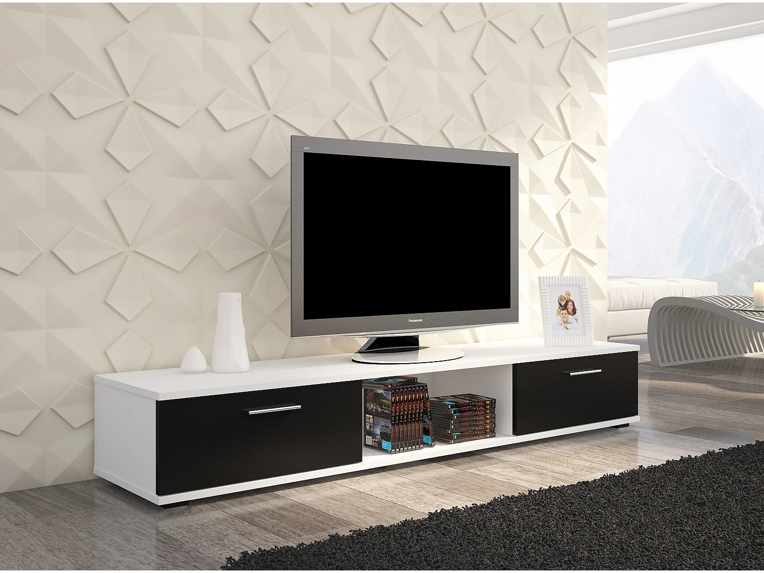 Meuble TV blanc et noir mat Flexa 176cm