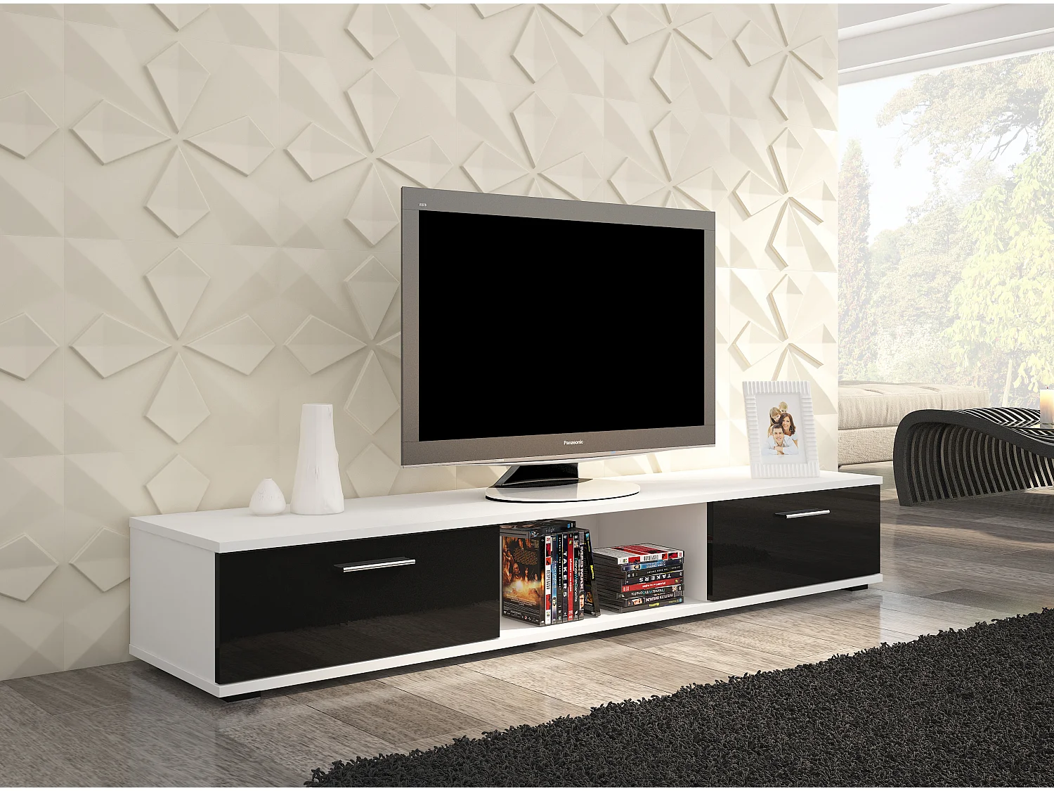 Meuble TV blanc et noir brillant Flexa 176cm