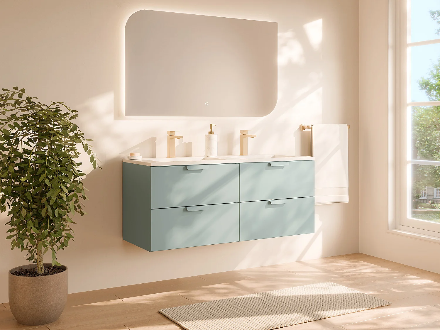 Meuble de salle de bain suspendu avec vasque à encastrer et robinet – Vert amande– L120 cm – AVORELI