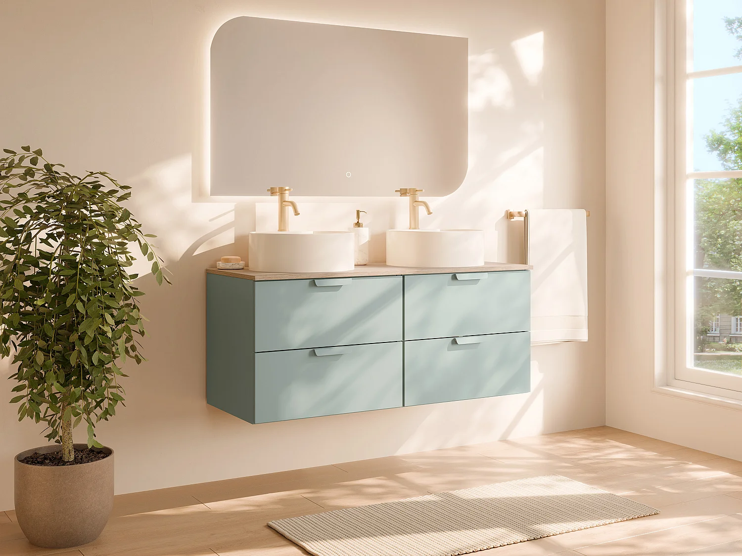Meuble de salle de bain suspendu avec vasque à poser ronde et robinet– Vert amande– L120 cm – AVORELI