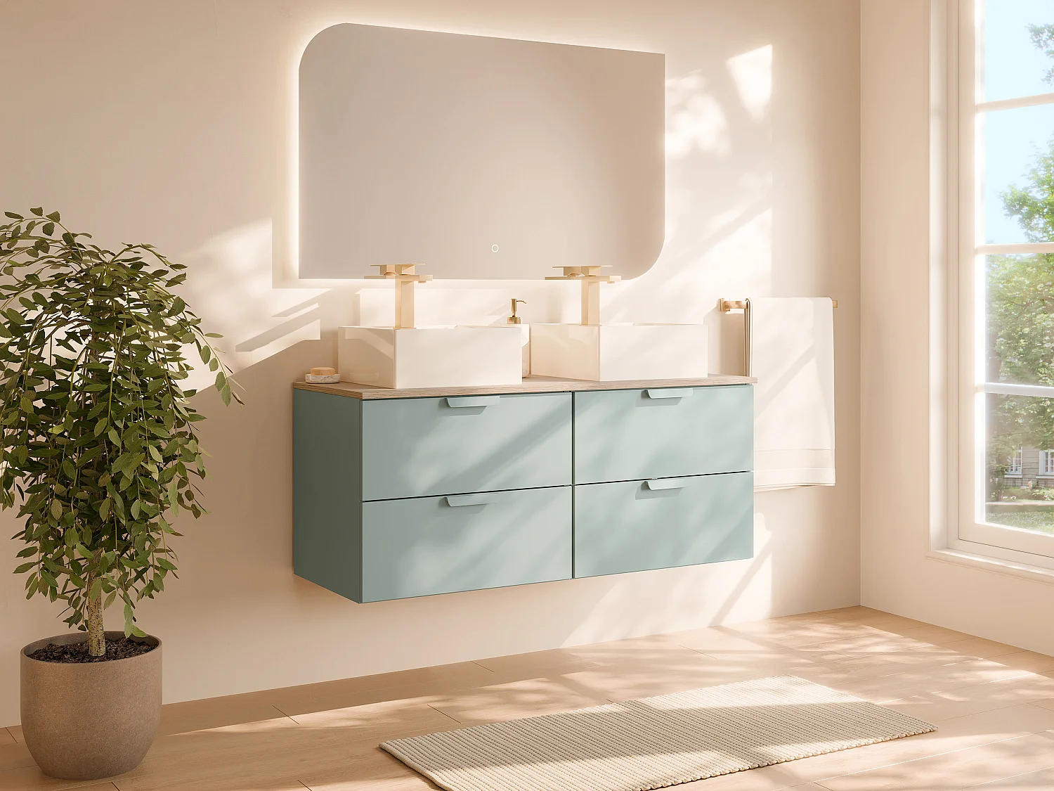 Meuble de salle de bain suspendu avec vasque à poser carrée – Vert amande– L120 cm – AVORELI